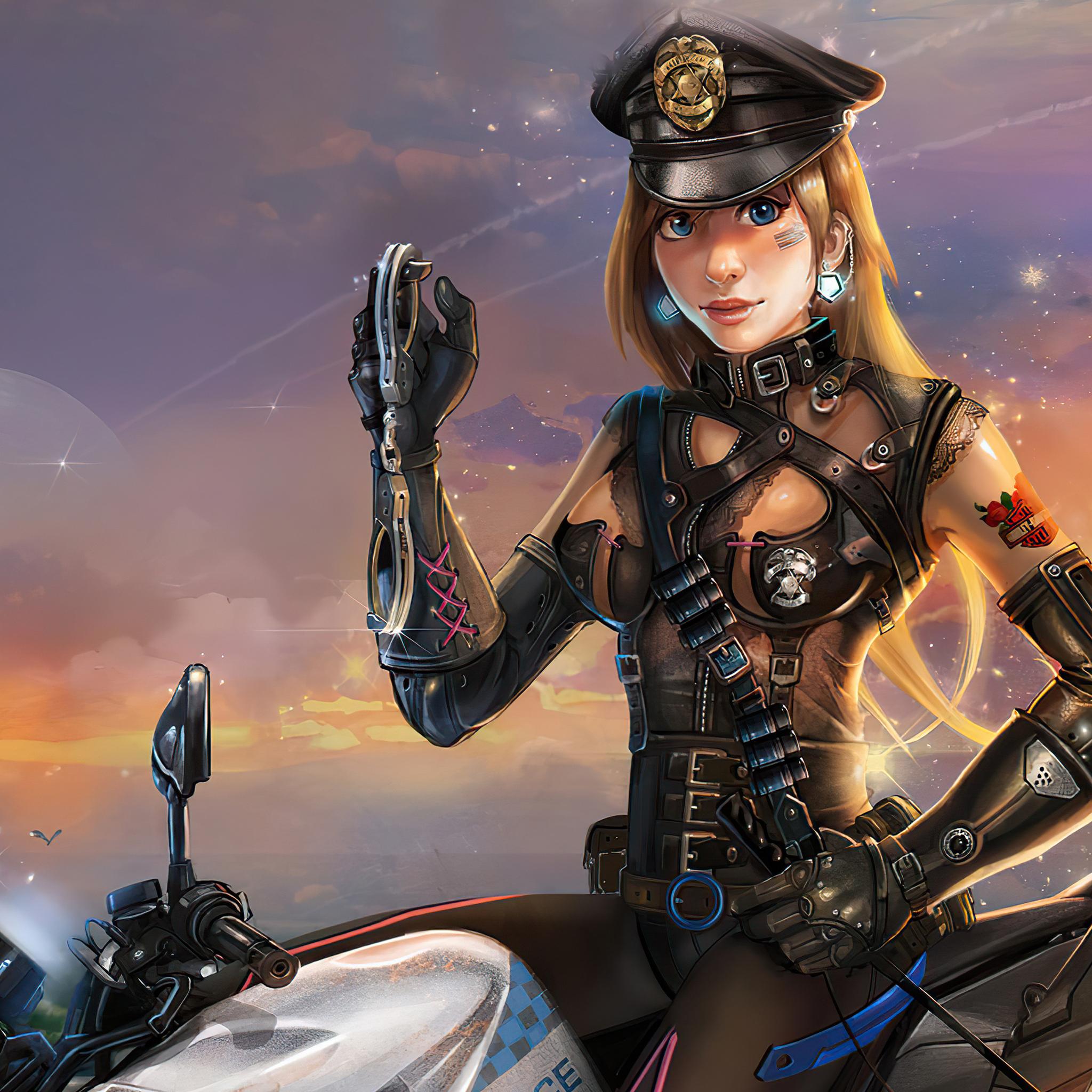 2048x2048 Cyber Police Girl On Bike 4k iPad Air HD 4k Wallpaper, Image, Background, Photo and Picture