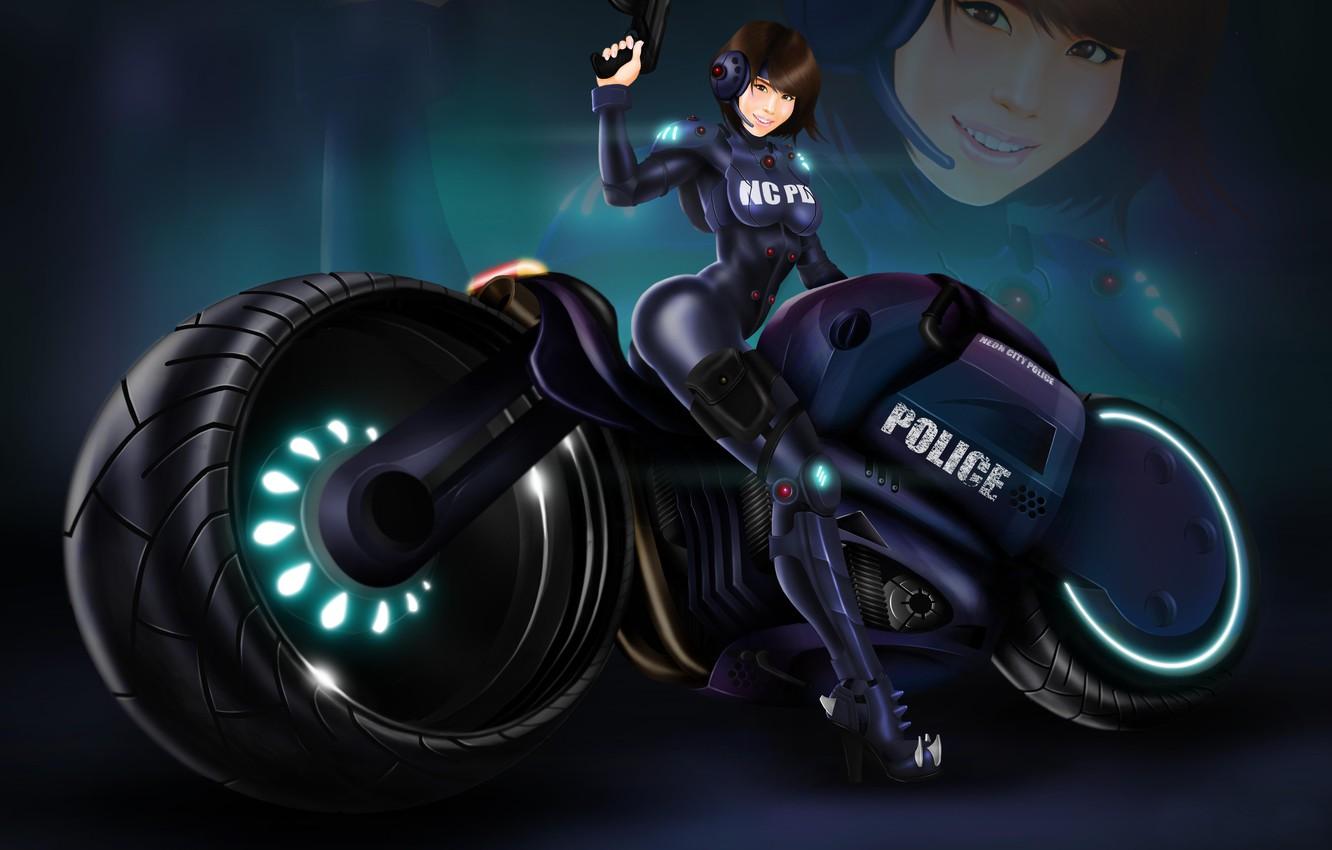 1332x850 Wallpaper girl, police, costume, motorcycle, heels, bike image for desktop, section фантастика