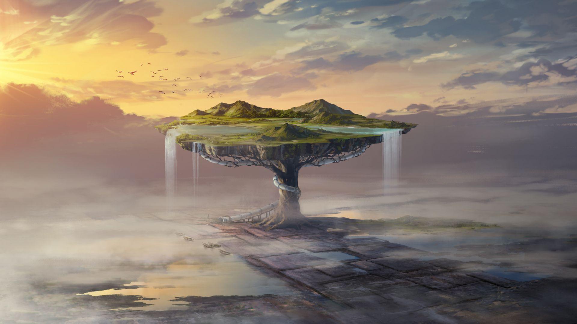 1920x1080 Desktop Wallpaper Fantasy, Island, Waterfall, Tree, HD Image, Picture, Background, Ce8400