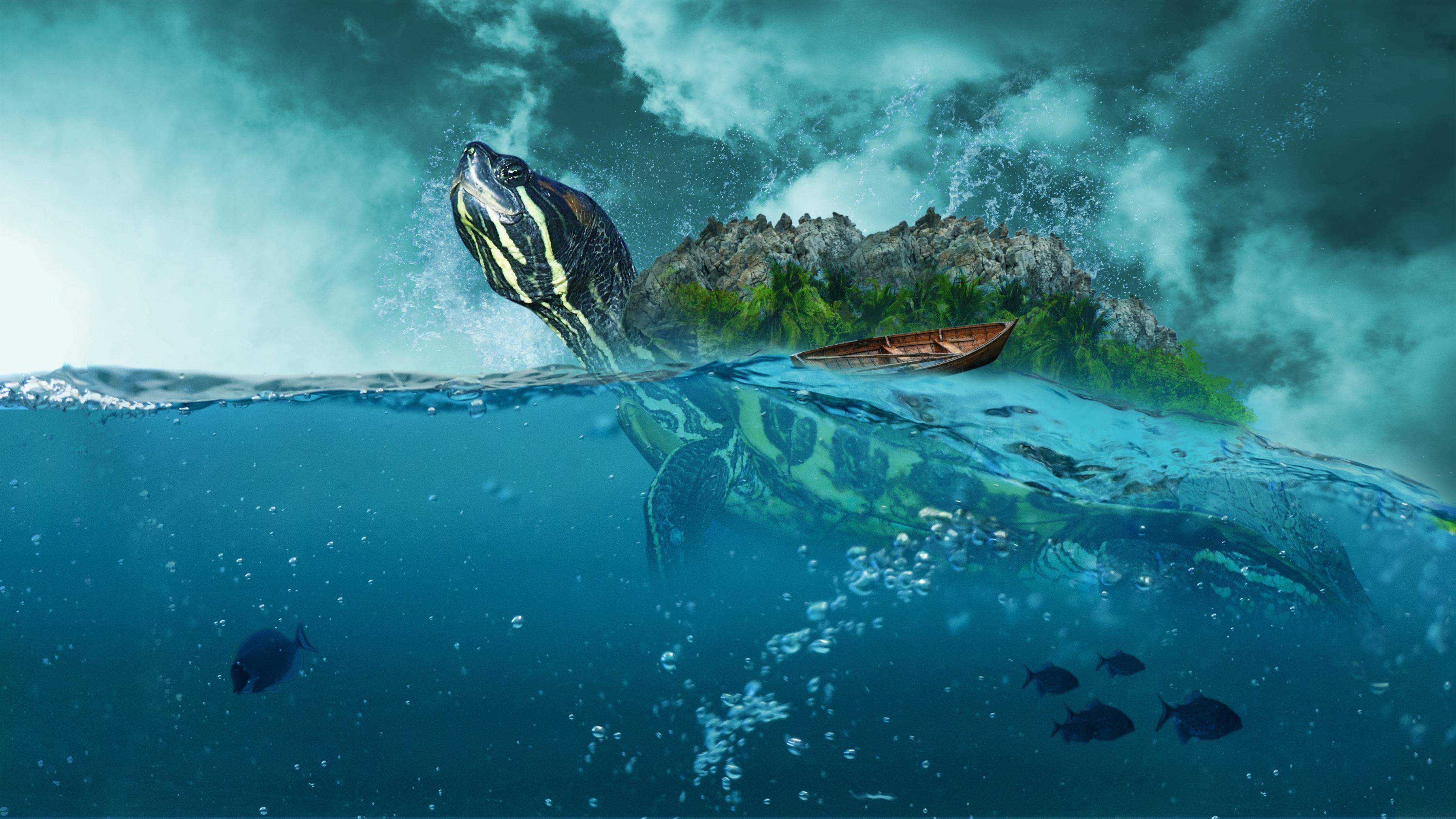 3686x2074 Boat Fantasy Island Turtle Wallpaper:3686x2074