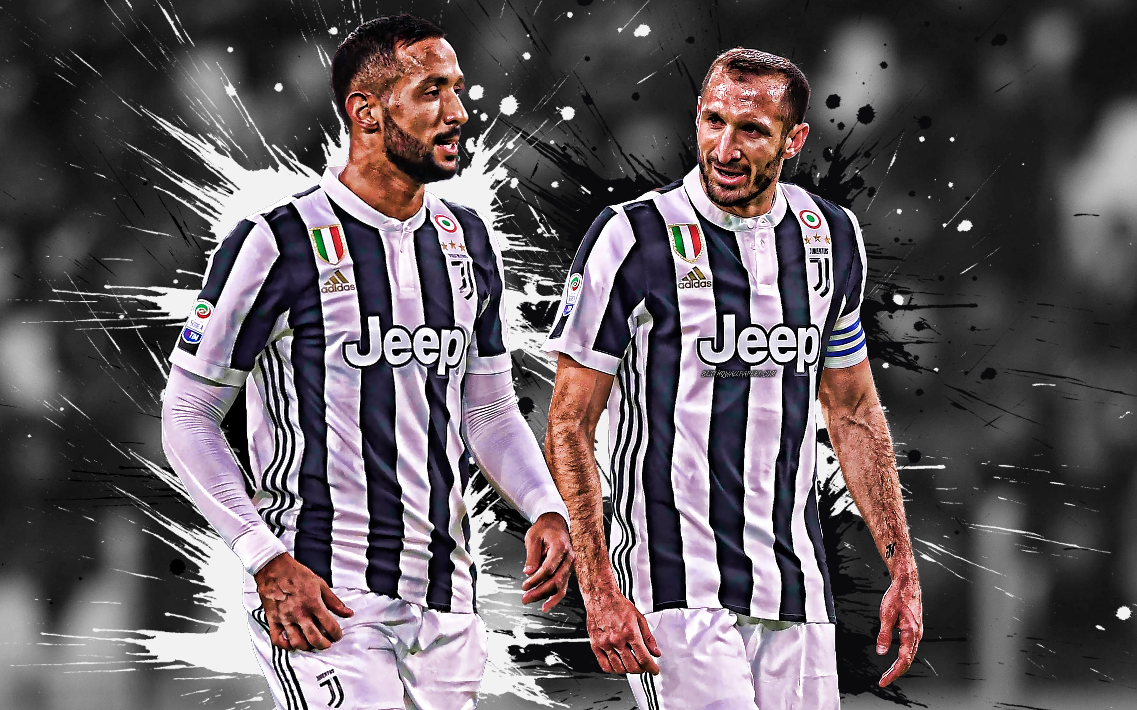 3840x2400 Download wallpaper Giorgio Chiellini, Medhi Benatia, 4k, Juventus FC, Turin, Italy, black and white paint splashes, football players, Serie A, football, Juve for desktop with resolution 3840x2400. High Quality HD picture wallpaper