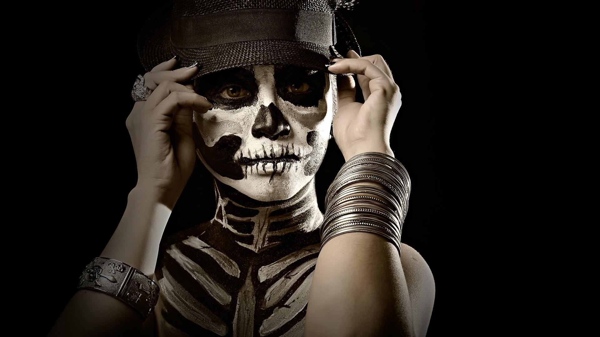 1920x1080 #bracelets, #face, #women, #body paint, #Sugar Skull, #face paint, #makeup, wallpaper. Mocah HD Wallpaper