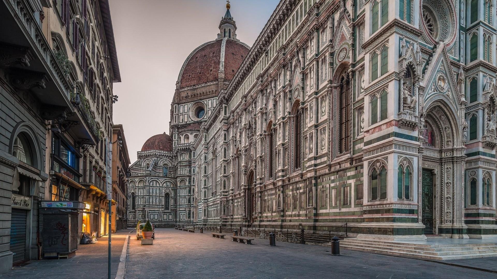 1920x1080 #Europe, #dome, #Italy, #old building, #cathedral, #evening, #town, #urban, #building, #Brunelleschi, #Florence, #bench, #street, #arch, #lights, #Gothic architecture, #architecture, #car, wallpaper. Mocah HD Wallpaper