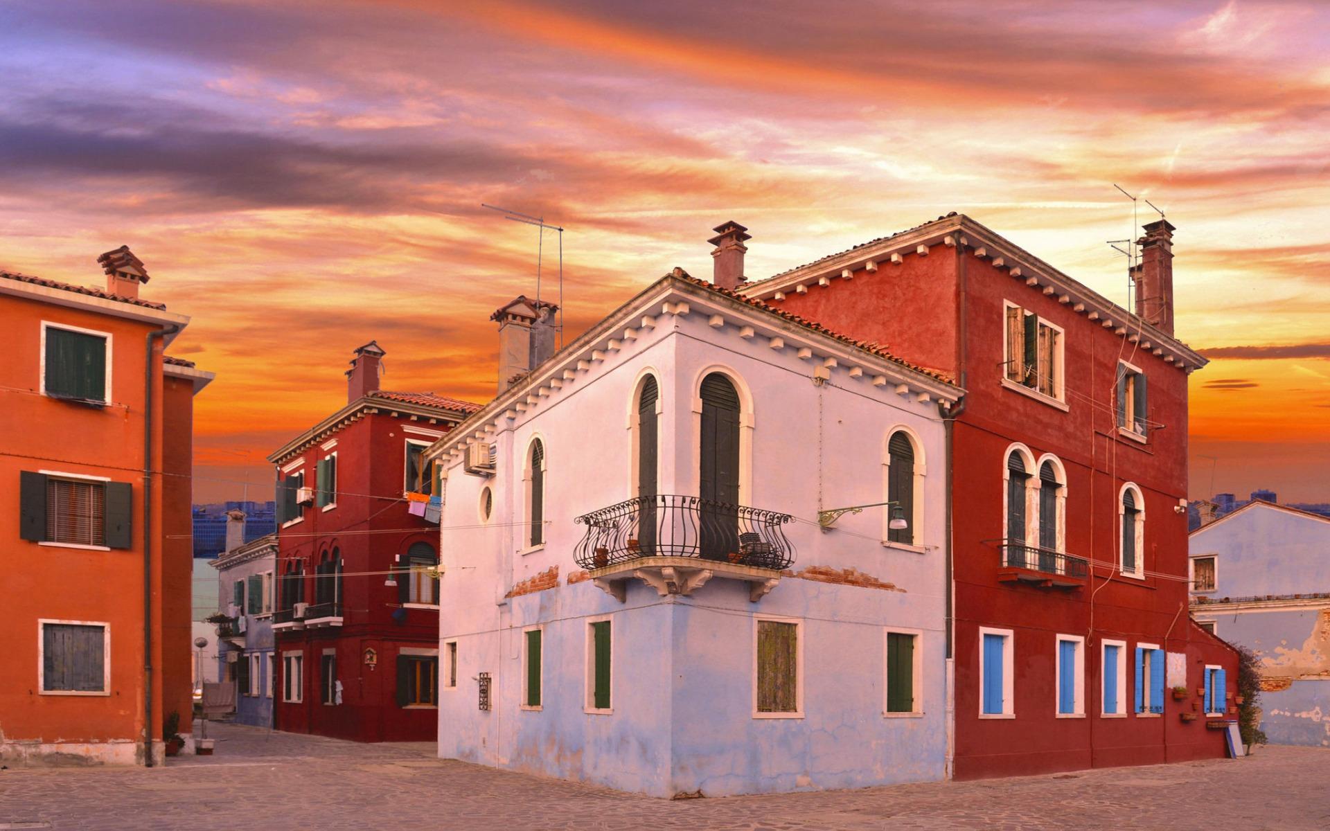 1920x1200 Download wallpaper Venice, Burano, evening, sunset, beautiful houses, Northern Venetian Lagoon, Venice cityscape, Venice islands, Italy for desktop with resolution 1920x1200. High Quality HD picture wallpaper