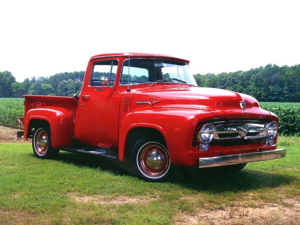 1024x768 Ford F 100 V 8 Pickup Red Fvr Wallpaper Image featuring Cars. Old pickup trucks, Pickup trucks, Vintage pickup trucks