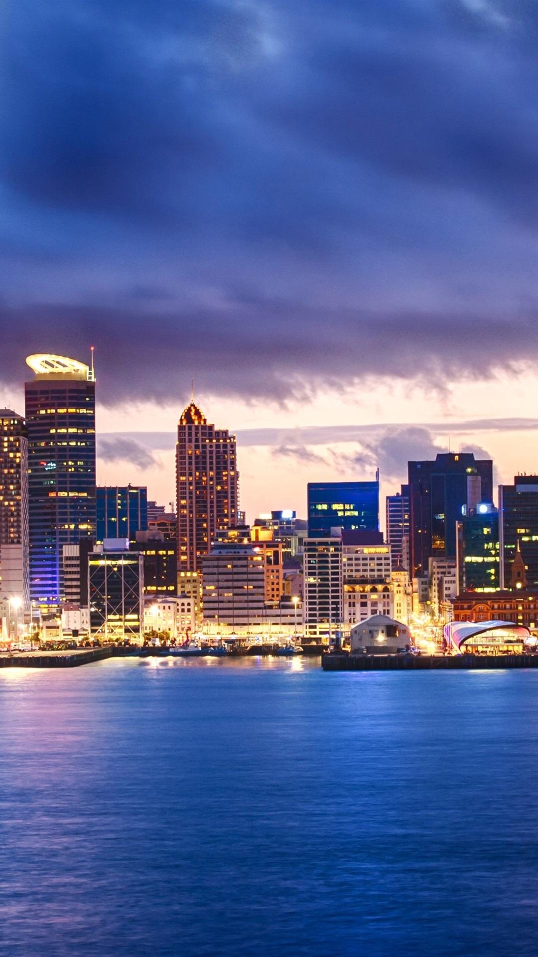 1080x1920 Wallpaper Auckland, New Zealand, sea, bay, city, skyscrapers, night 3840x2160 UHD 4K Picture, Image