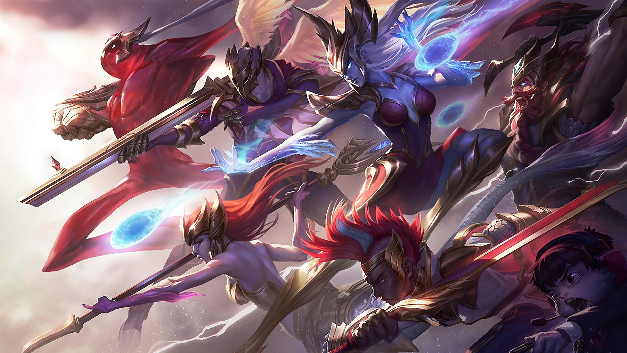 2048x1152 Wallpaper 4k Skt T1 Ekko Syndra Nami Olaf Jhin Zac LoL Splash Art League of Legends Ekko, Jhin, league of legends, Nami, Olaf, Syndra, Zac