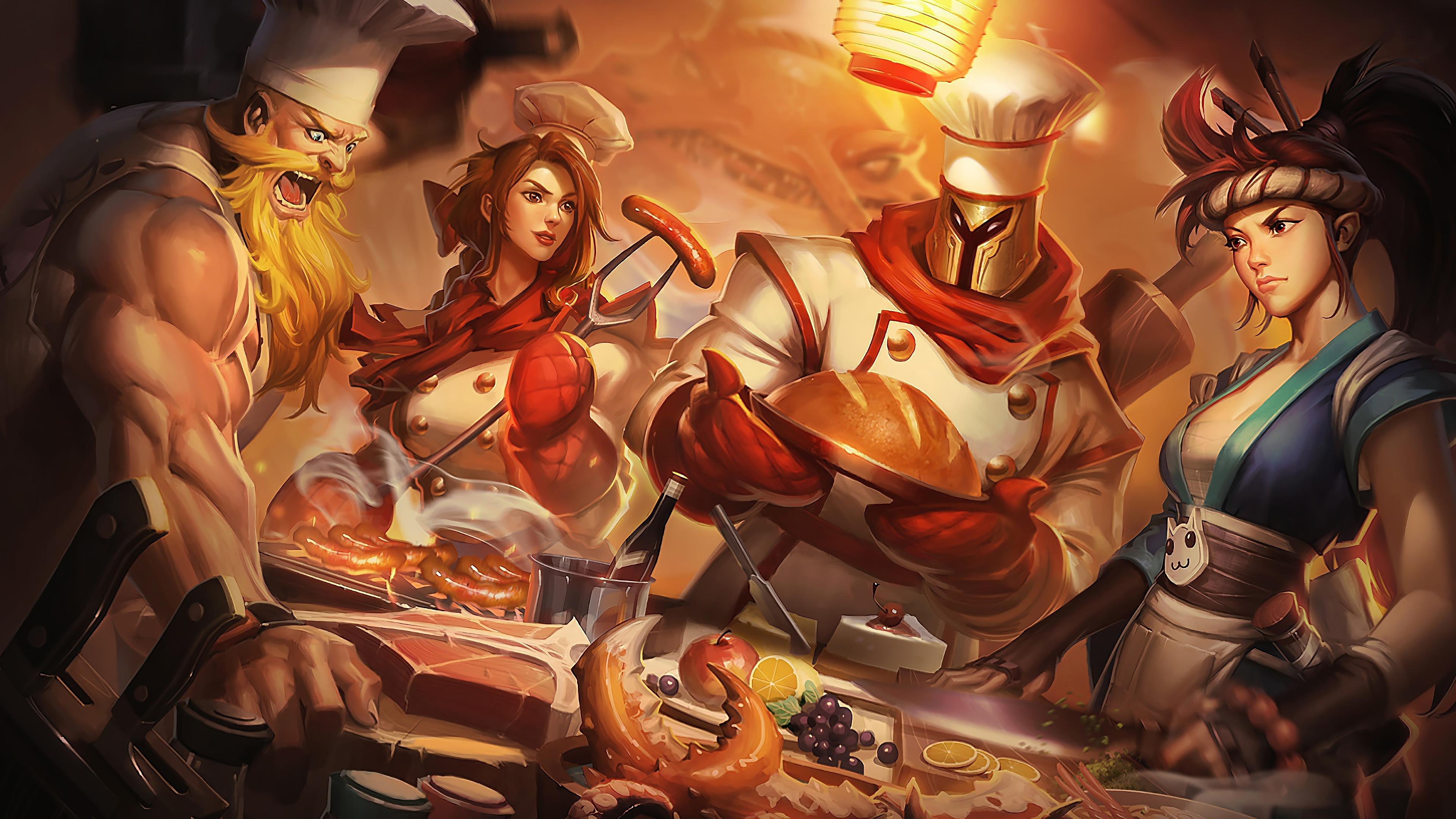3840x2160 Sashimi Akali Butcher Olaf Barbecue Leona Baker Pantheon LoL Splash Art League of Legends 4K