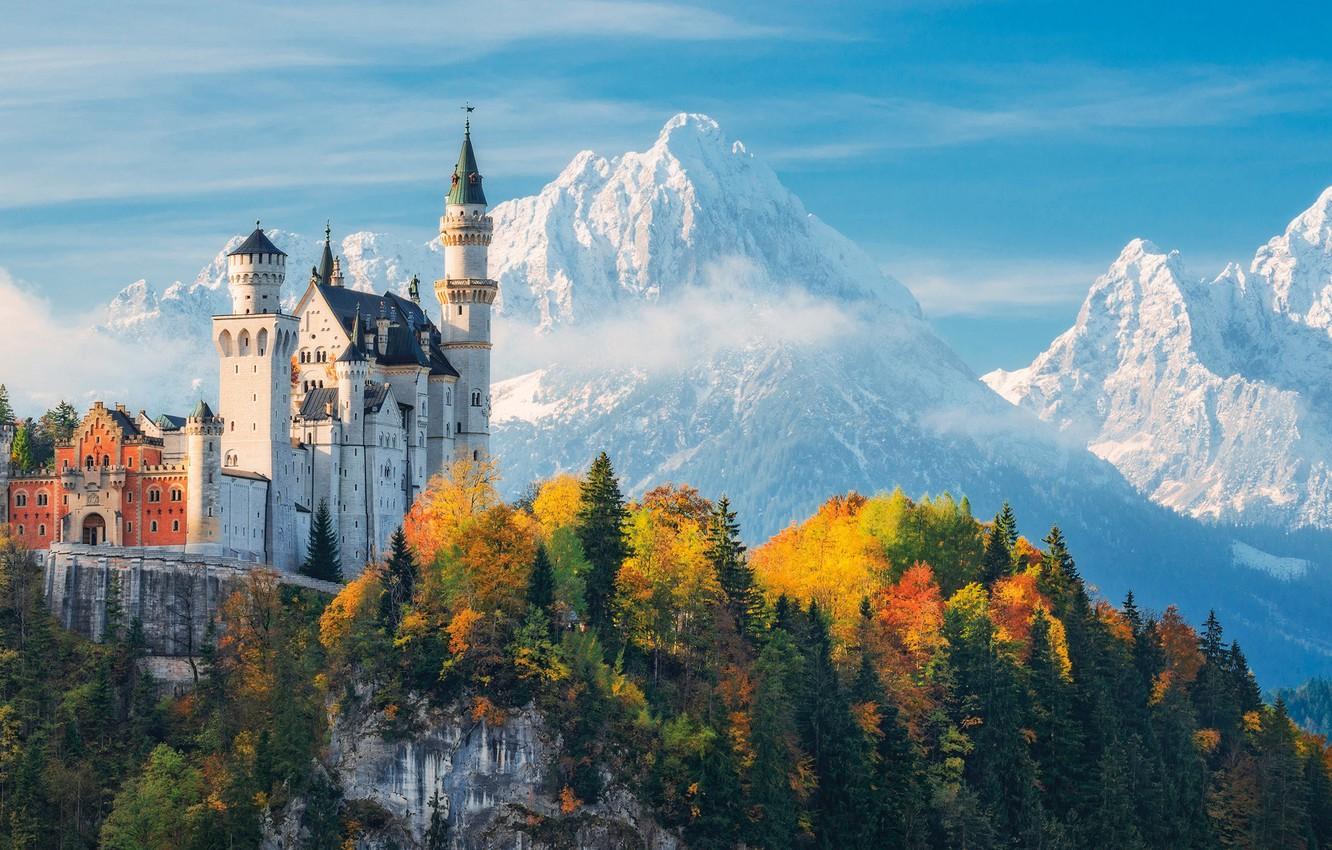 1332x850 Wallpaper autumn, forest, the sky, clouds, trees, mountains, castle, Germany, Bayern, Neuschwanstein Castle image for desktop, section пейзажи