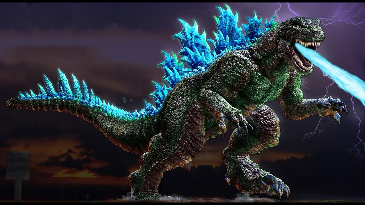1280x720 Godzilla Is Throwing Blue Flame Fire From Mouth With Background Of Lightning And Black Sky HD Movies Wallpaper