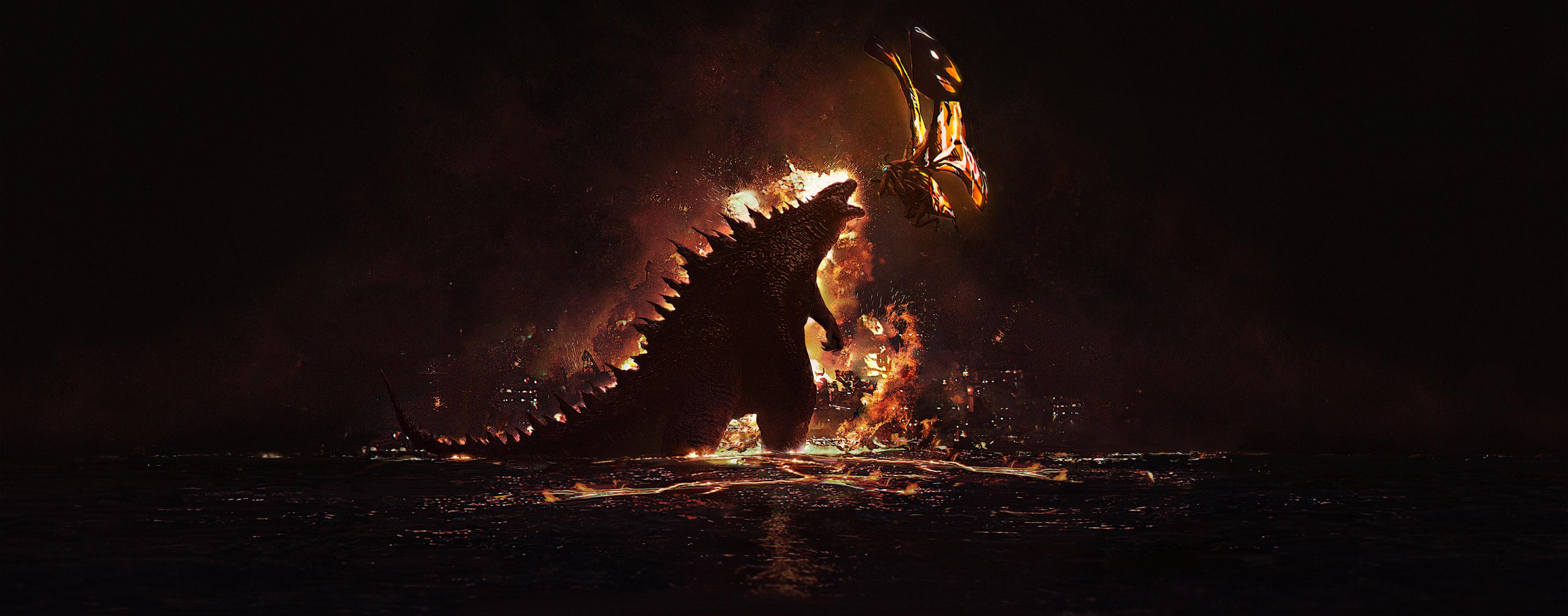 3600x1416 Godzilla Artwork Battle Dark Fire David Bocquillon Carrasco Wallpaper:3600x1416