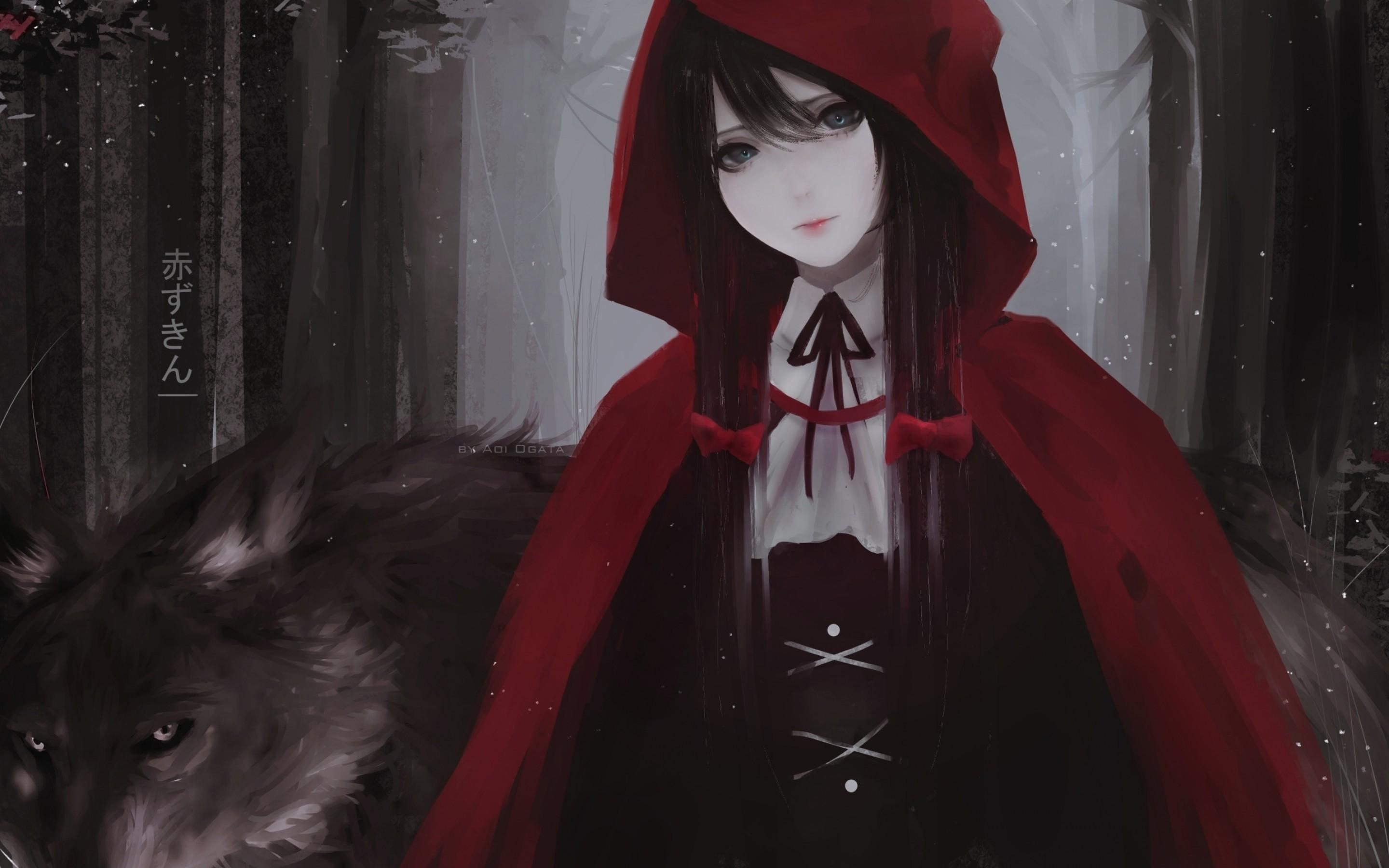 2880x1800 Download 2880x1800 Little Red Riding Hood, Wolf, Long Hair, Ribbons, Artwork Wallpaper for MacBook Pro 15 inch