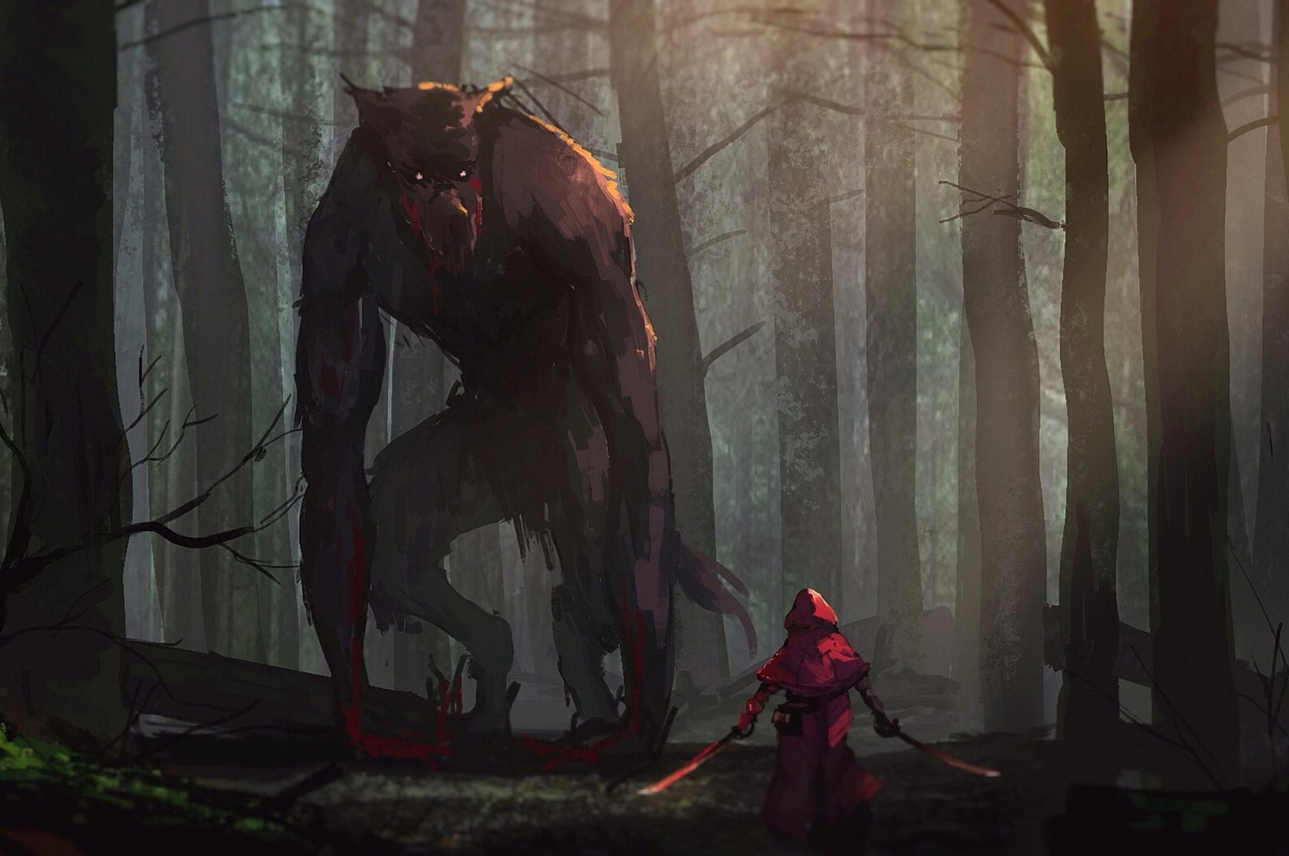 2560x1700 Little Red Riding Hood Vs Werewolves Fairy Tale Artwork Chromebook Pixel HD 4k Wallpaper, Image, Background, Photo and Picture