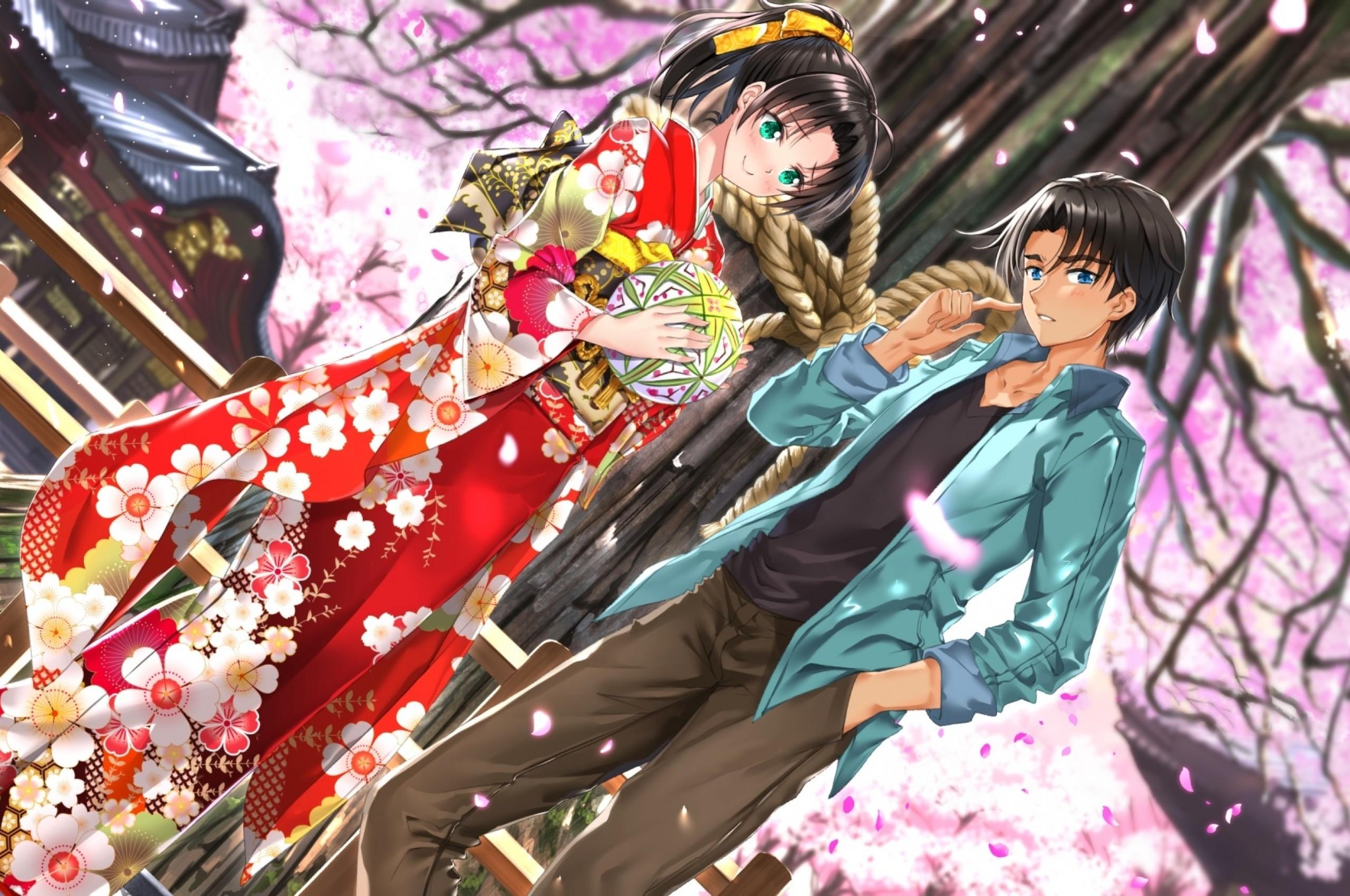2560x1700 Download 2560x1700 Touyama Kazuha, Hattori Heiji, Anime Couple, Detective Conan, Sakura Blossom, Kimono, Romance In The Air Wallpaper for Chromebook Pixel