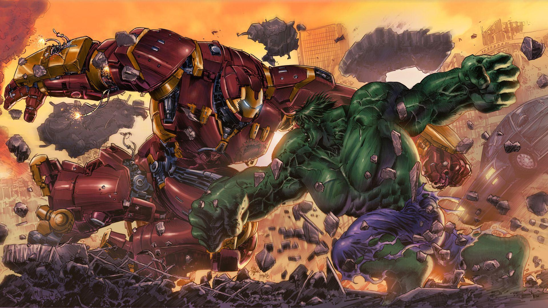 1920x1080 Desktop wallpaper iron man, hulkbuster vs hulk, fight, superheros, artwork, HD image, picture, background, 04436d