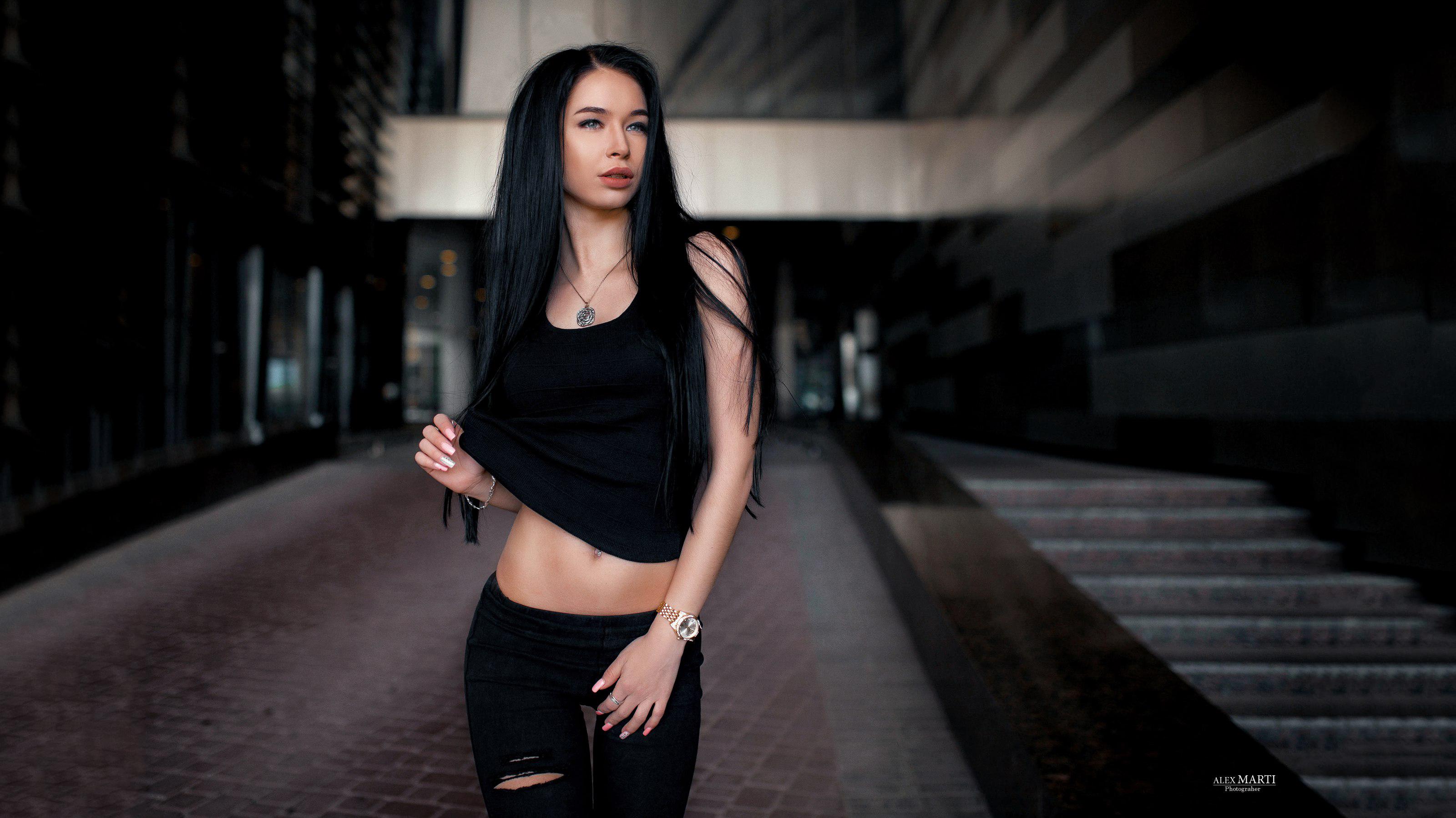 3200x1799 #long Hair, #alex Marti, #model, #Anastasia Rumiantseva, #torn Jeans, #looking Away, #women, #brunette, #T Shirt Wallpaper. Mocah HD Wallpaper