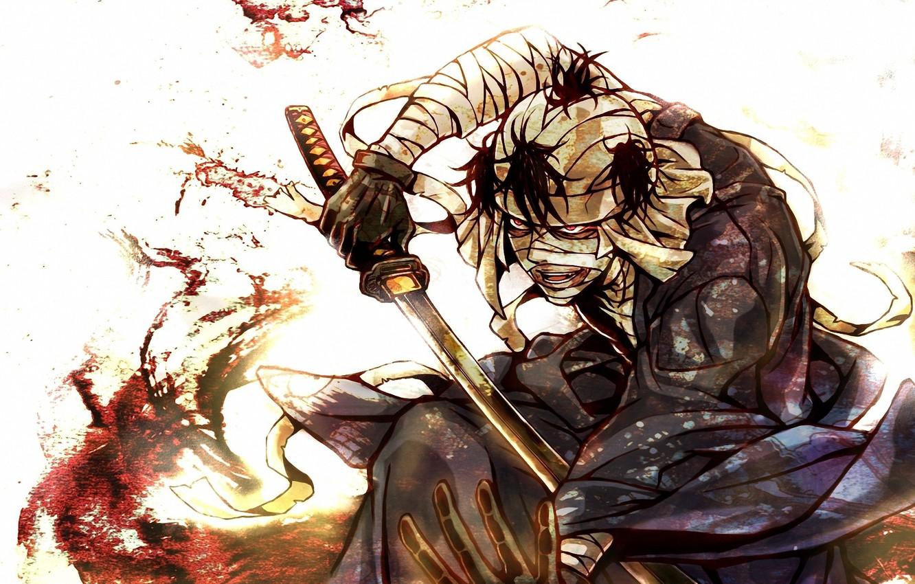 1332x850 Wallpaper blood, katana, blade, bandages, wounded, madman, Rurouni Kenshin, Hobo Kenshin, samurai x, Shishio image for desktop, section прочее