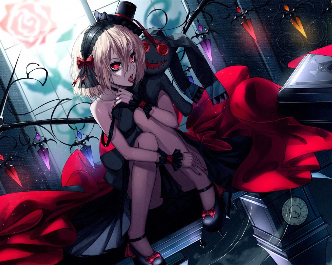 1280x1024 Desktop Wallpaper Flandre Scarlet, Touhou, Anime Girl, Red And Black Dress, HD Image, Picture, Background, 8027e4
