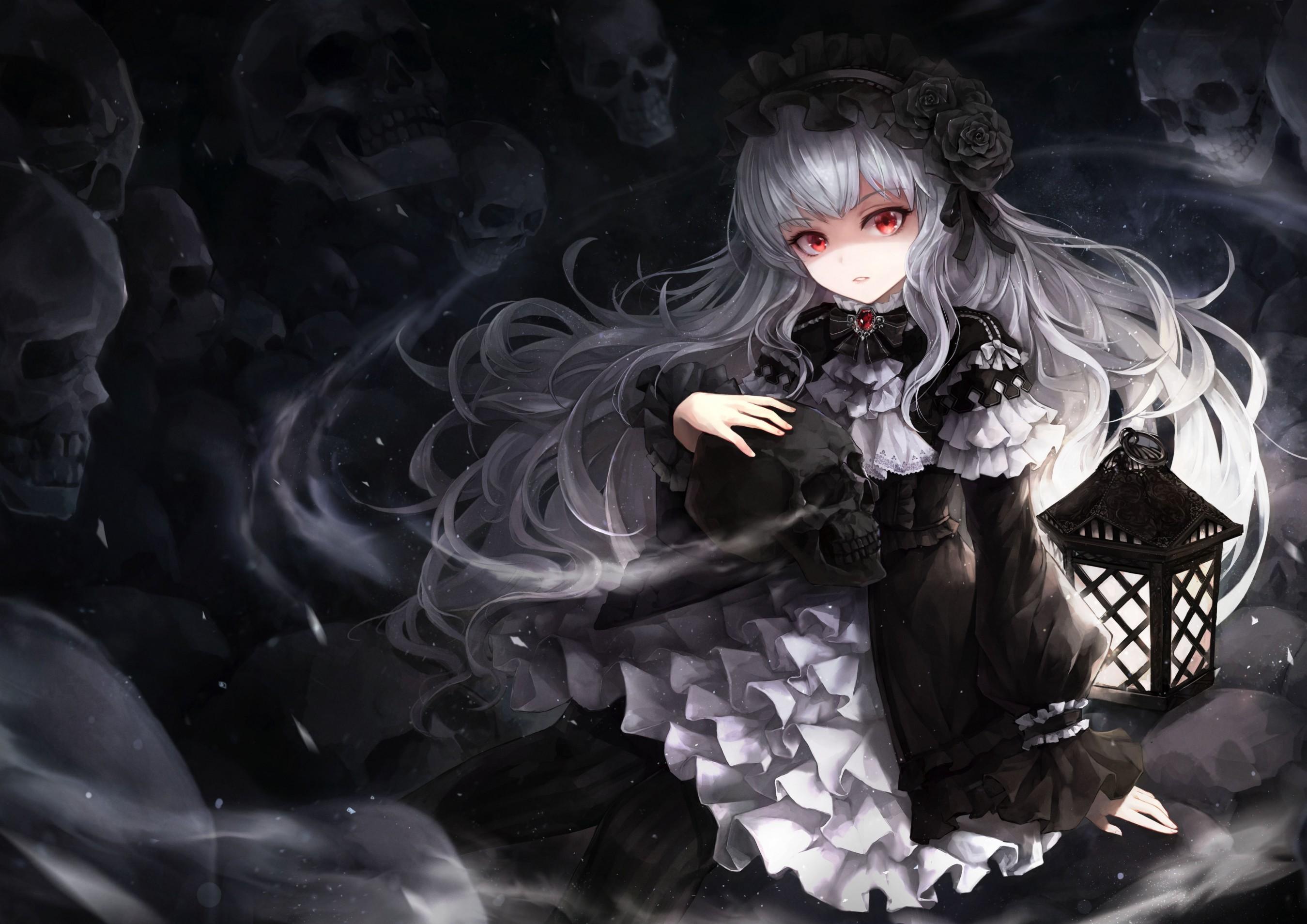 2699x1908 Download 2699x1908 Gothic Anime Girl, Skulls, White Hair, Dress, Lantern, Red Eyes Wallpaper