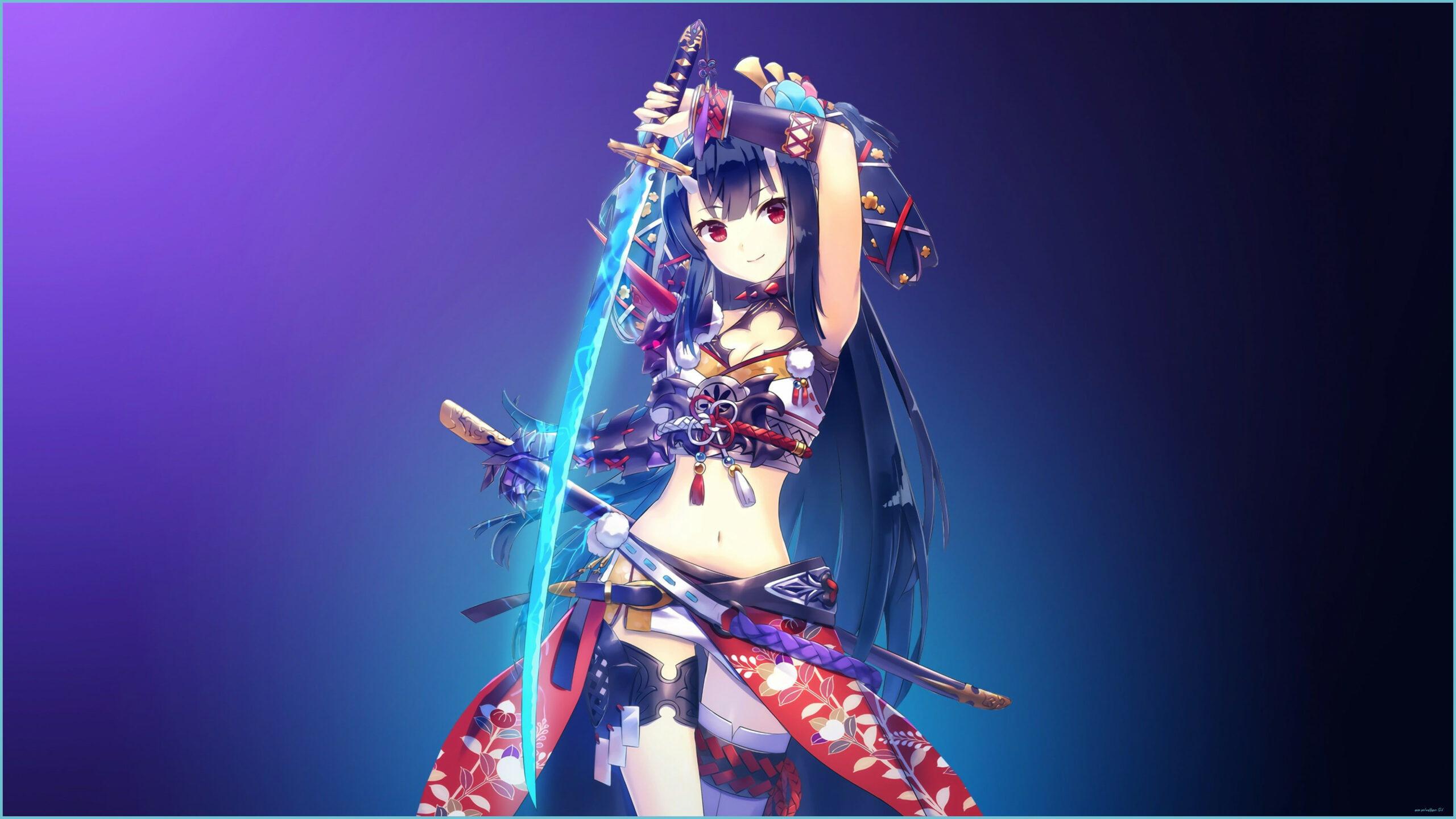 2560x1440 Anime Anime Girls Red Eyes #gradient Simple Background Blue Hair Girl Wallpaper 4k