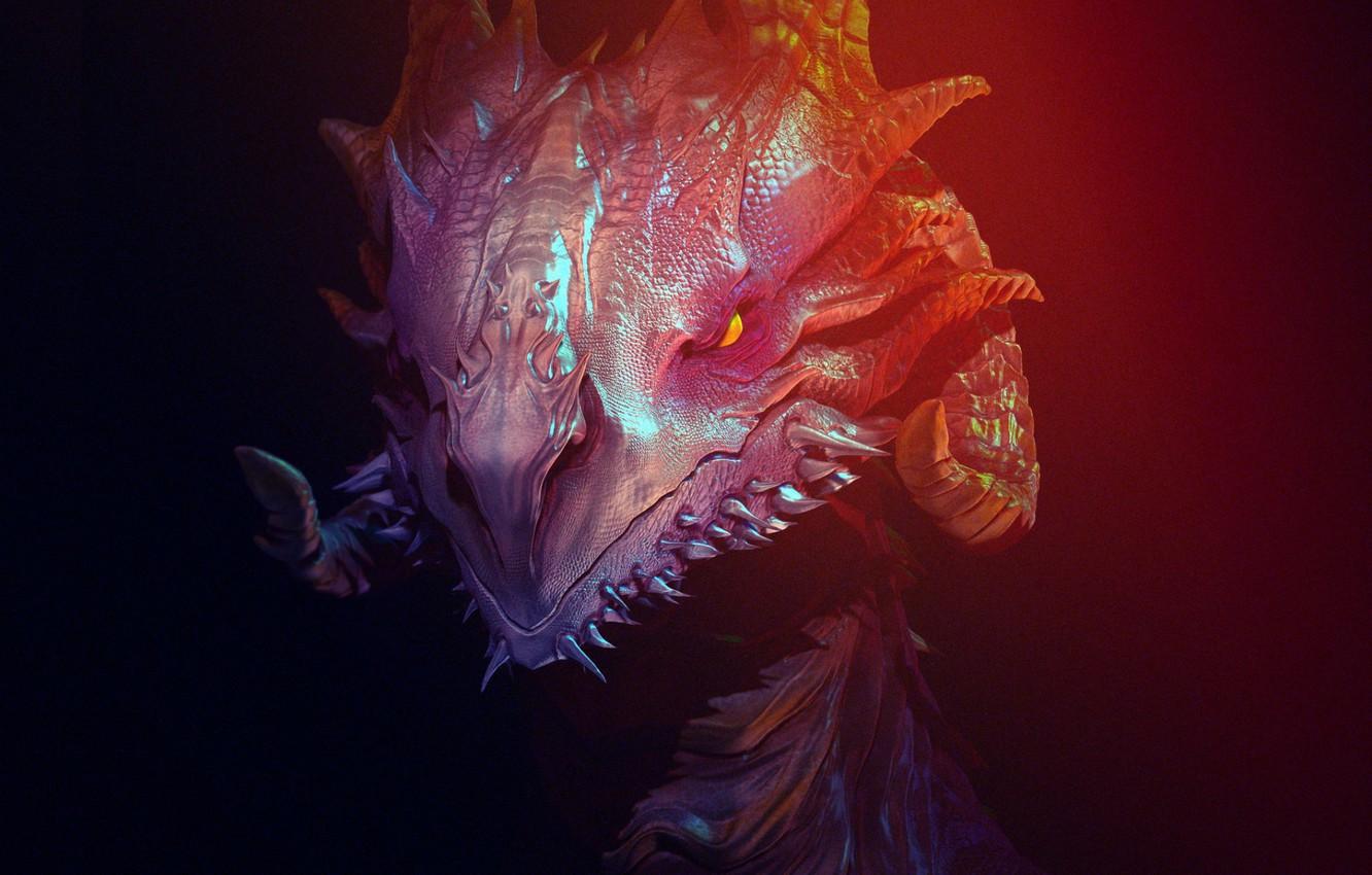 1332x850 Wallpaper face, dragon, scales, mouth, horns, in the dark, burning eyes, evil eye image for desktop, section фантастика