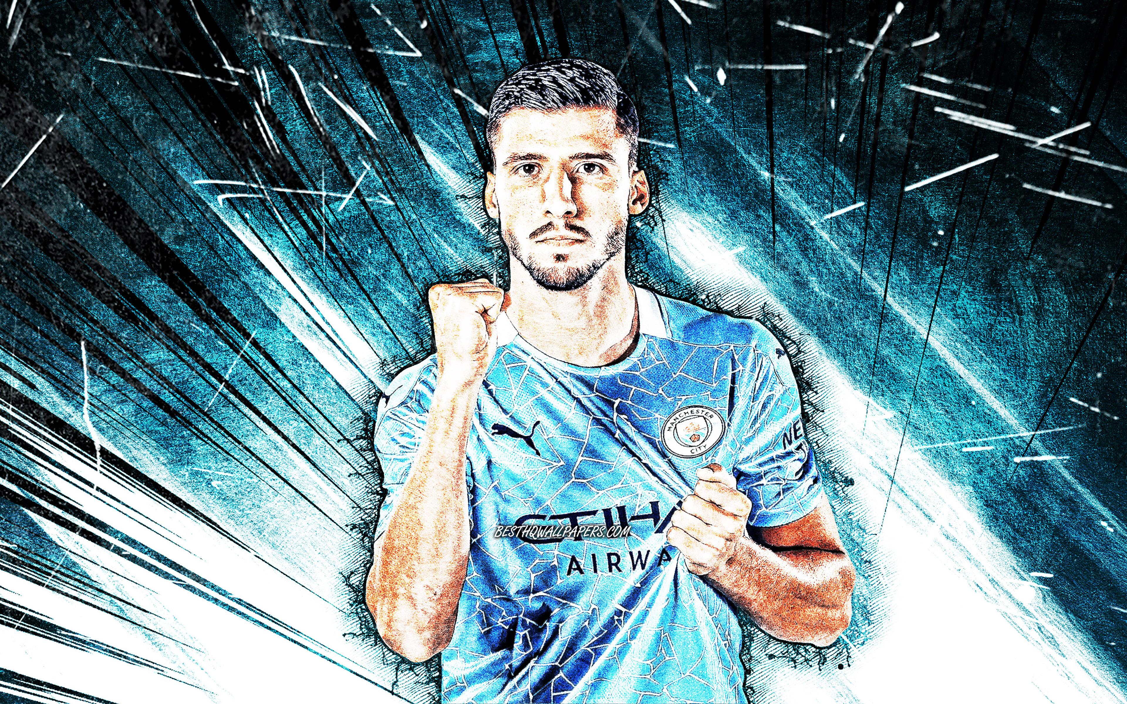 3840x2400 Download wallpaper 4k, Ruben Dias, grunge art, portuguese footballers, Manchester City FC, Premier League, Ruben Santos Gato Alves Dias, blue abstract rays, soccer, Ruben Dias 4K, Man City for desktop with resolution