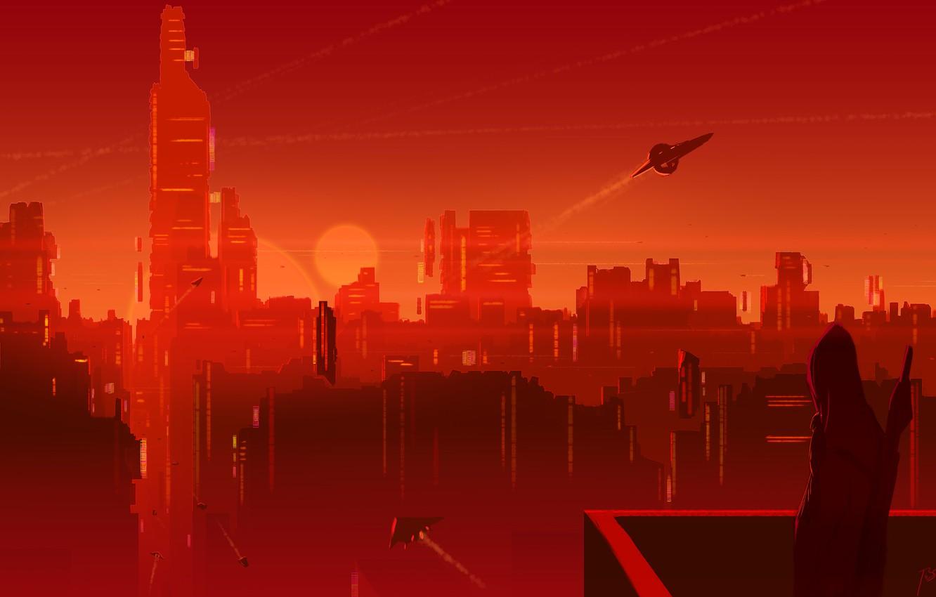1332x850 Wallpaper The sun, The city, People, Silhouette, Skyscrapers, City, Fantasy, Landscape, Art, Spaceships, Pixels, Sun, Fiction, Spaceship, Blade, Burning image for desktop, section минимализм