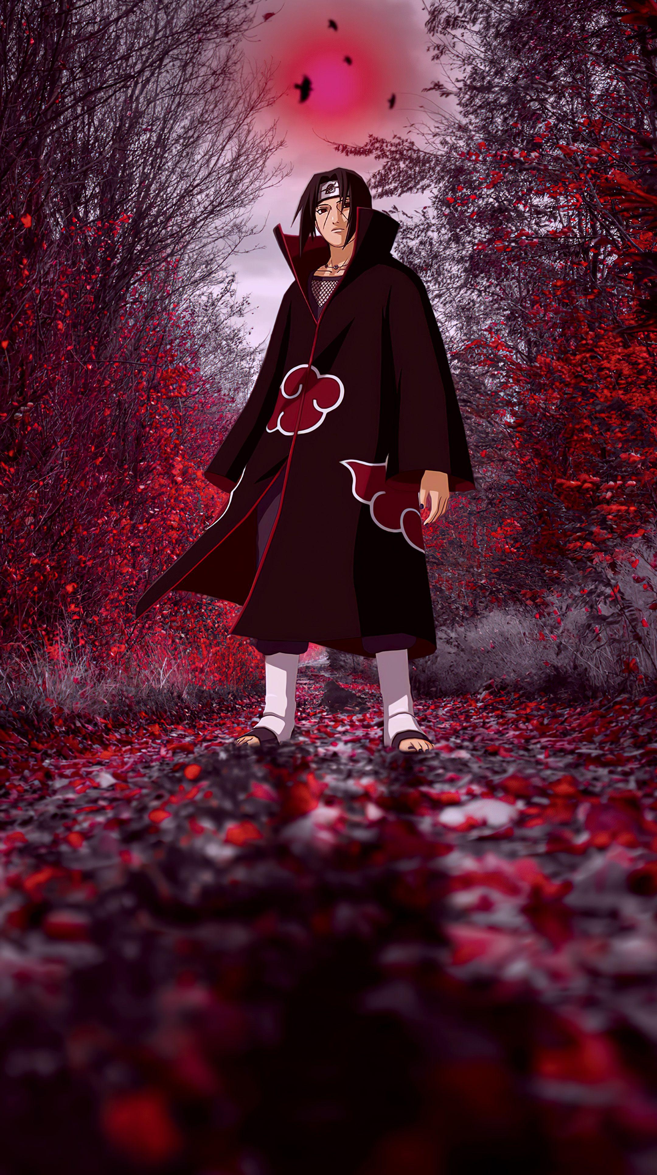 2160x3860 Itachi Uchiha Forest red Moon 4K Vertical Wallpaper