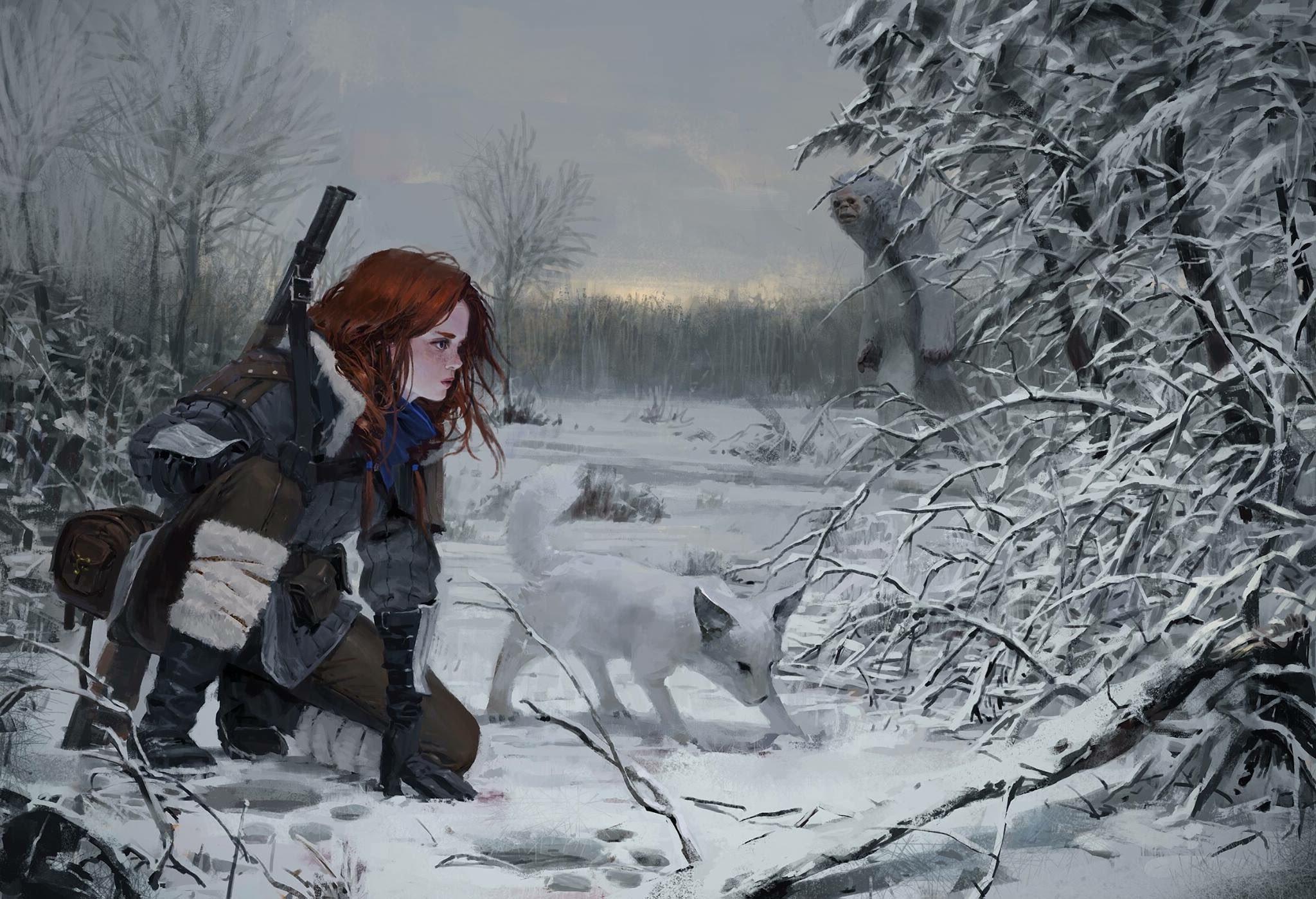 2048x1399 Wallpaper Yeti, Winter, Fantasy Woman, Hunt, Snow, Redhead