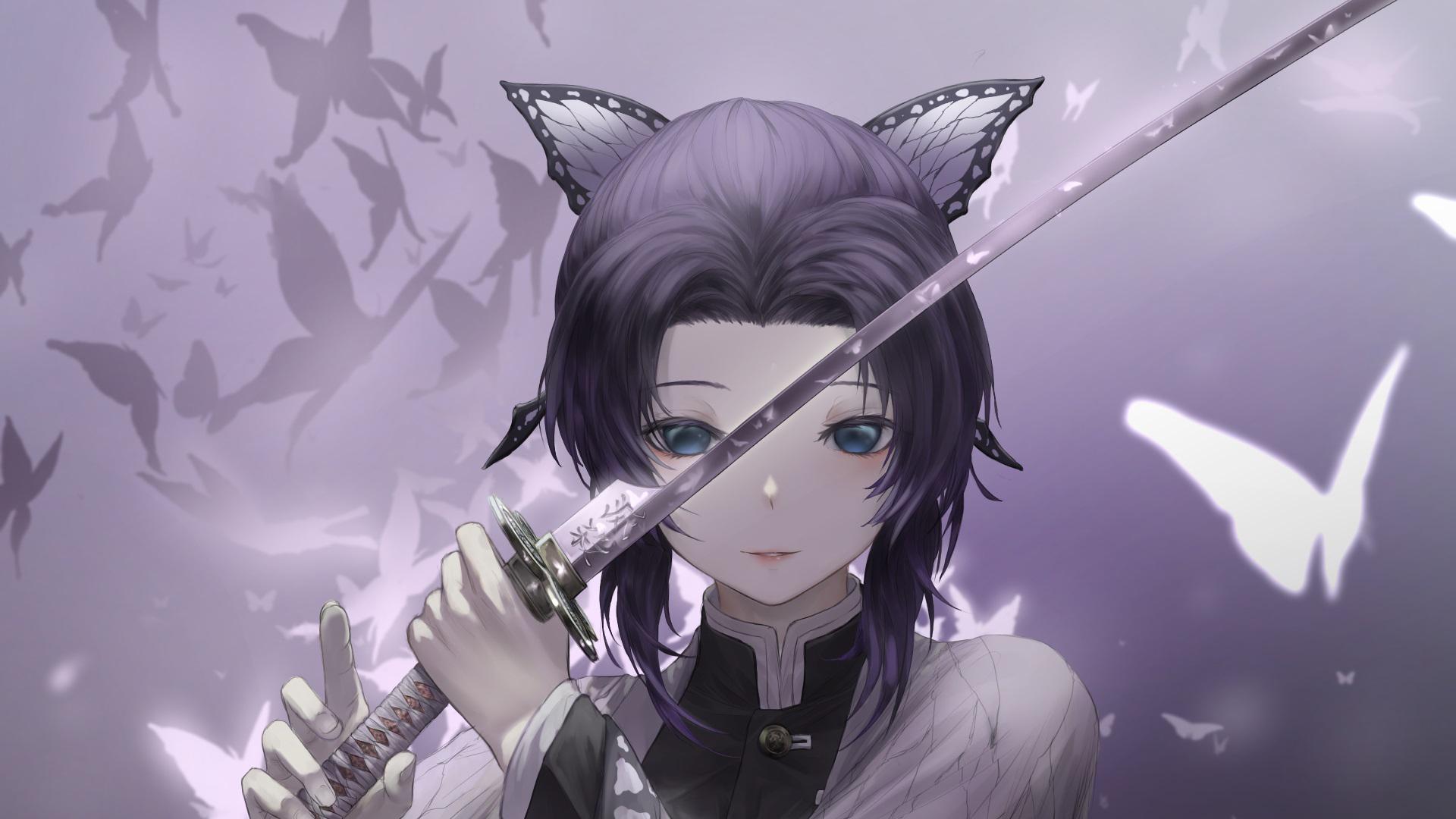 1920x1080 Demon Slayer Shinobu Kochou With Sword With Background Of Shallow Purple Butterflies HD Anime Wallpaper