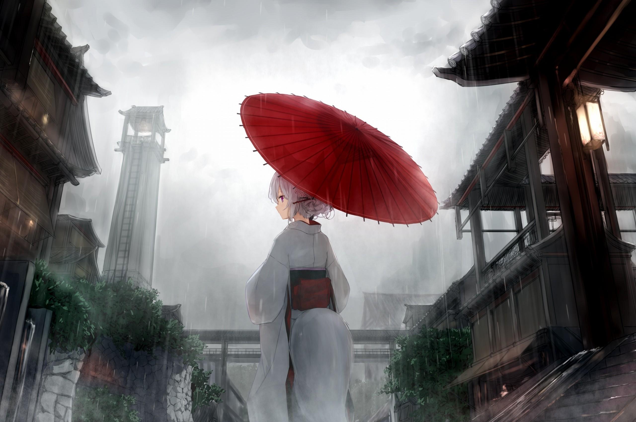 2560x1700 Download 2560x1700 Anime Girl, Back View, Kimono, Japanese Village, Raining, Tail Wallpaper for Chromebook Pixel