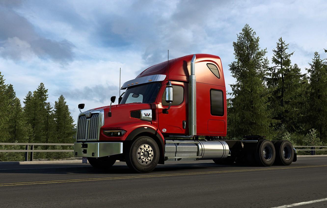 1332x850 Wallpaper road, forest, the sky, asphalt, background, red, the game, paint, USA, USA, America, game, tractor, ATS, simulator, America image for desktop, section игры