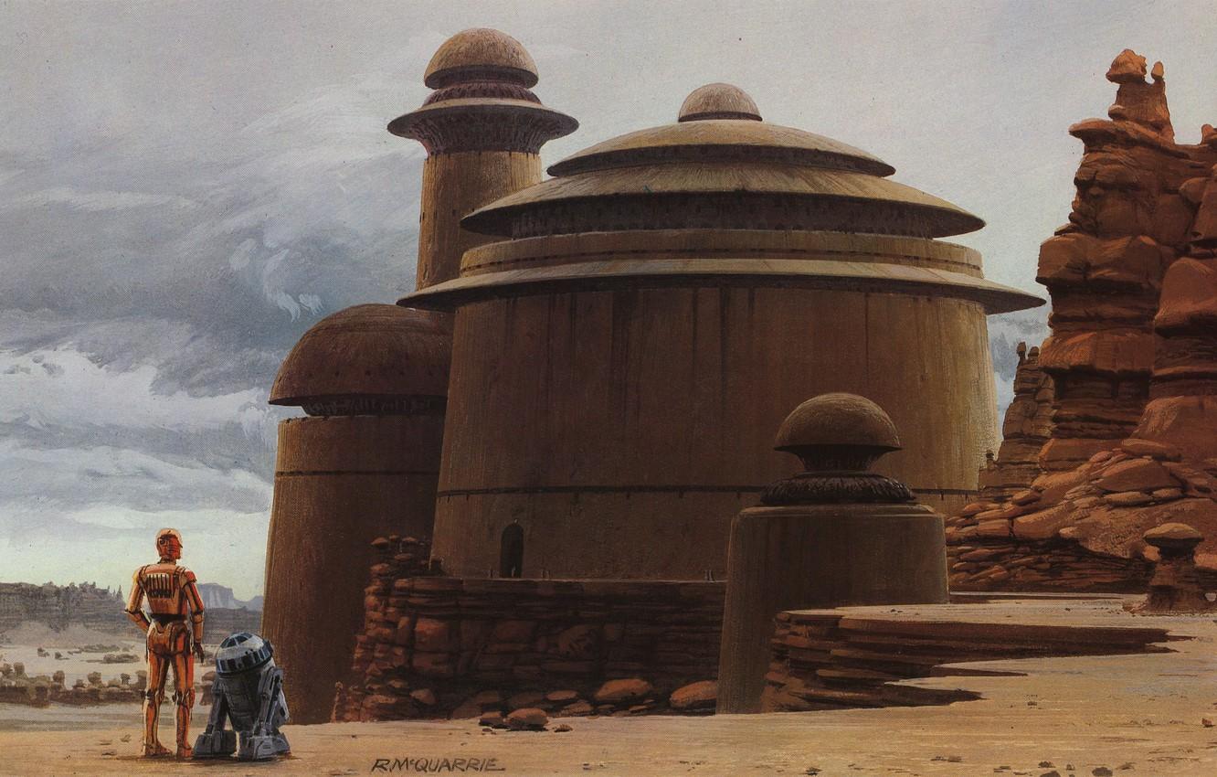 1332x850 Wallpaper Star Wars, Tatooine, Ralph McQuarrie's Illustration, C 3PO And R2 D2 Approach Jabba The Hutt's Palace, The Jabba's Palace, C 3PO And R2 D The Palace Of Jabba The Hutt Image For Desktop, Section фантастика