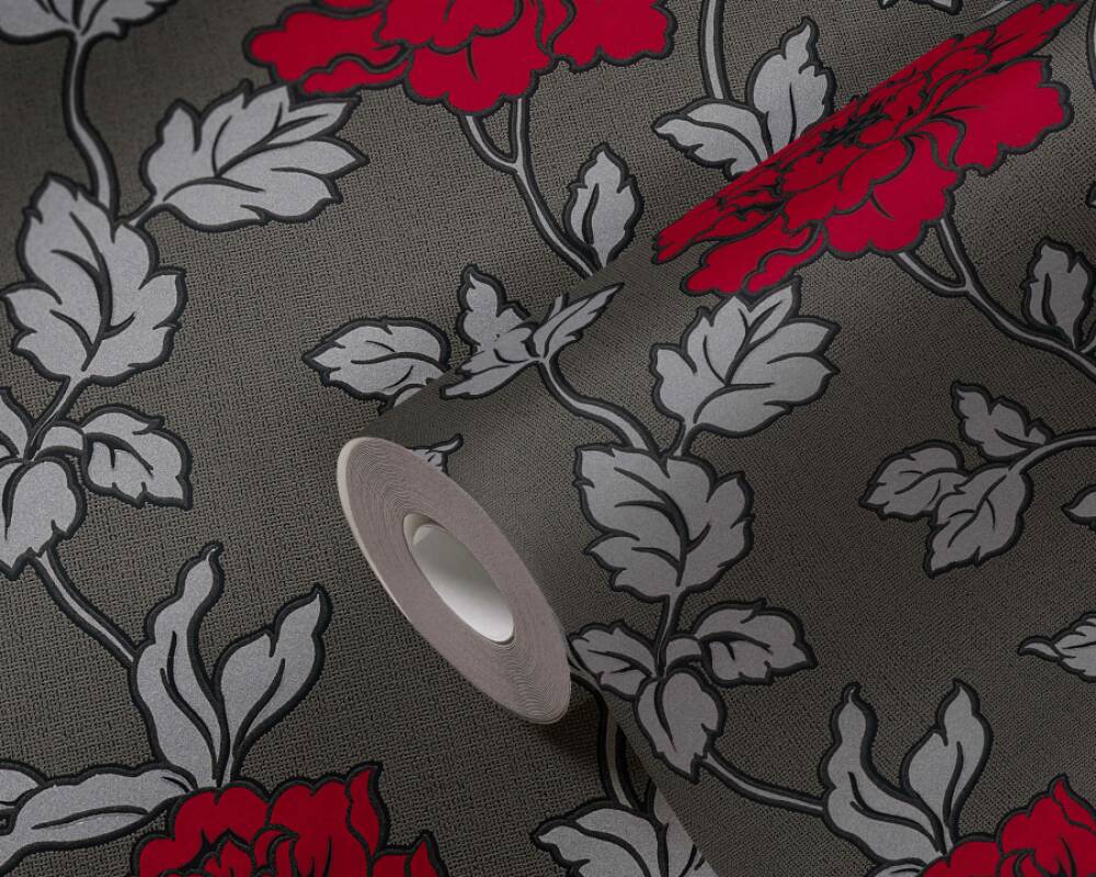 1000x800 A.S. Création Wallpaper «Flowers, Black, Metallic, Red, Silver» 366957