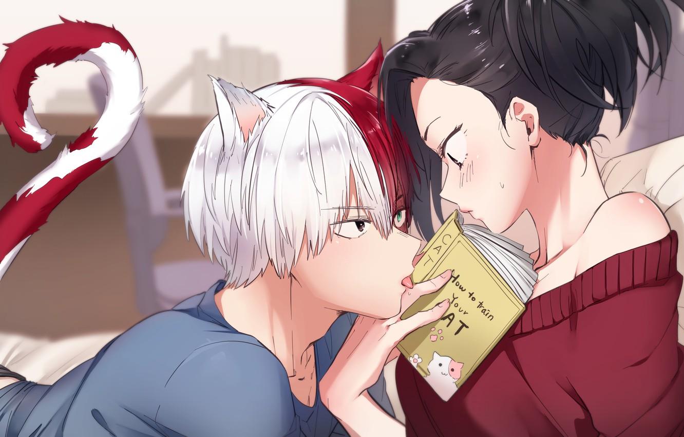 1332x850 Wallpaper book, two, My hero Academy, My Hero Academia, Boku No Hero Academy, Todoroki Shoto, Airoso Momo, eye contact image for desktop, section сёнэн