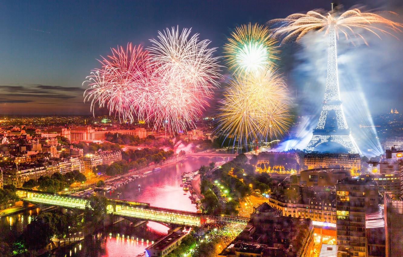 1332x850 Wallpaper France, Paris, tower, salute, fireworks, The Bastille day, 14 Jul - for desktop, section праздники