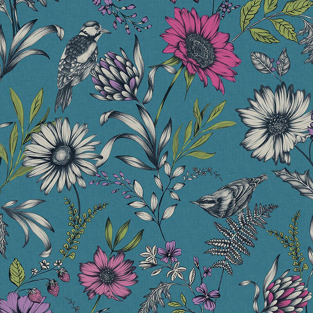 1000x1000 Arthouse Botanical Garden Songbird Teal Wallpaper Floral Flowers Teal Pink