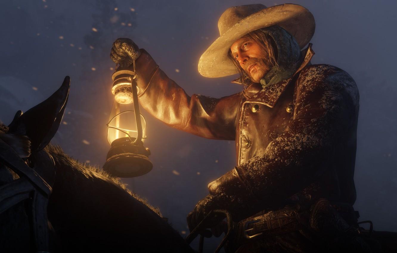 1332x850 Wallpaper snow, horse, hat, lantern, Rockstar, Bandit, Red Dead Redemption - for desktop, section игры