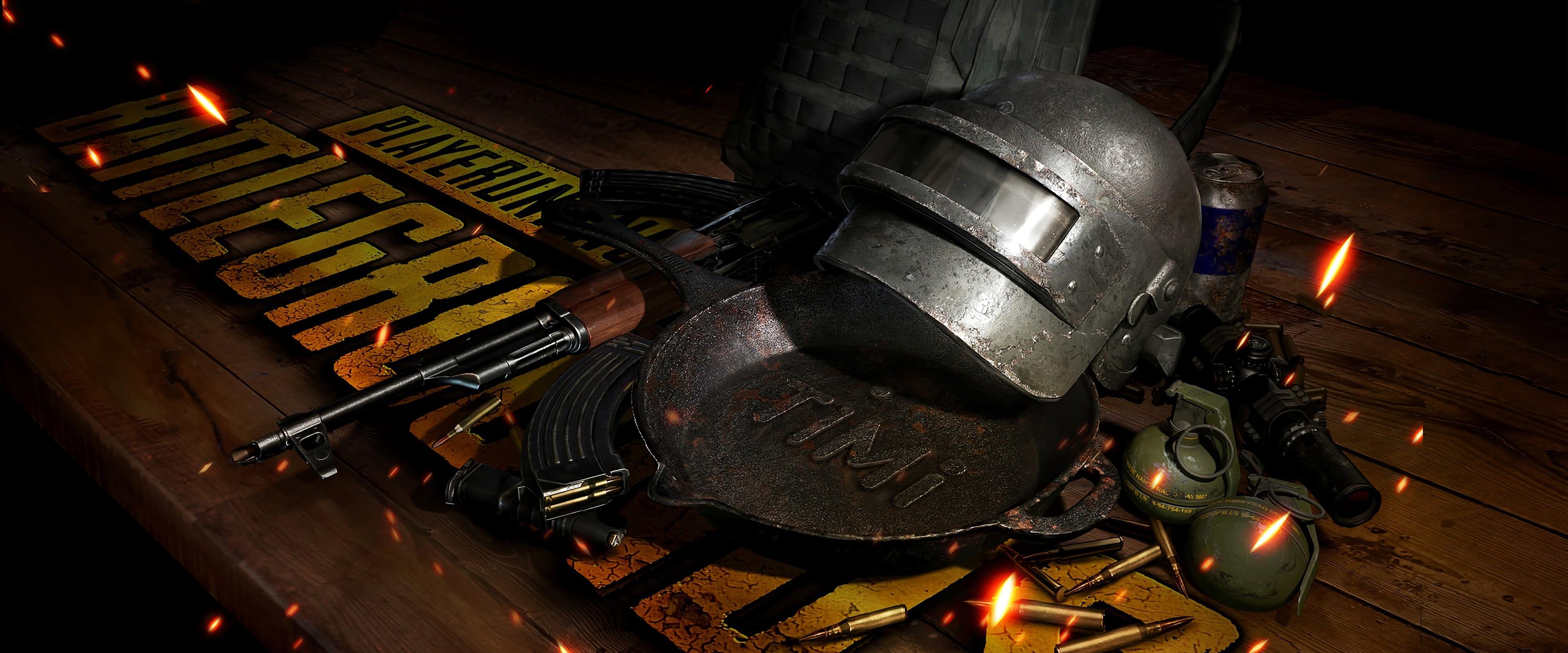 3840x1600 PUBG Weapons Helmet Rifle Frying Pan Grenade 4K Wallpaper