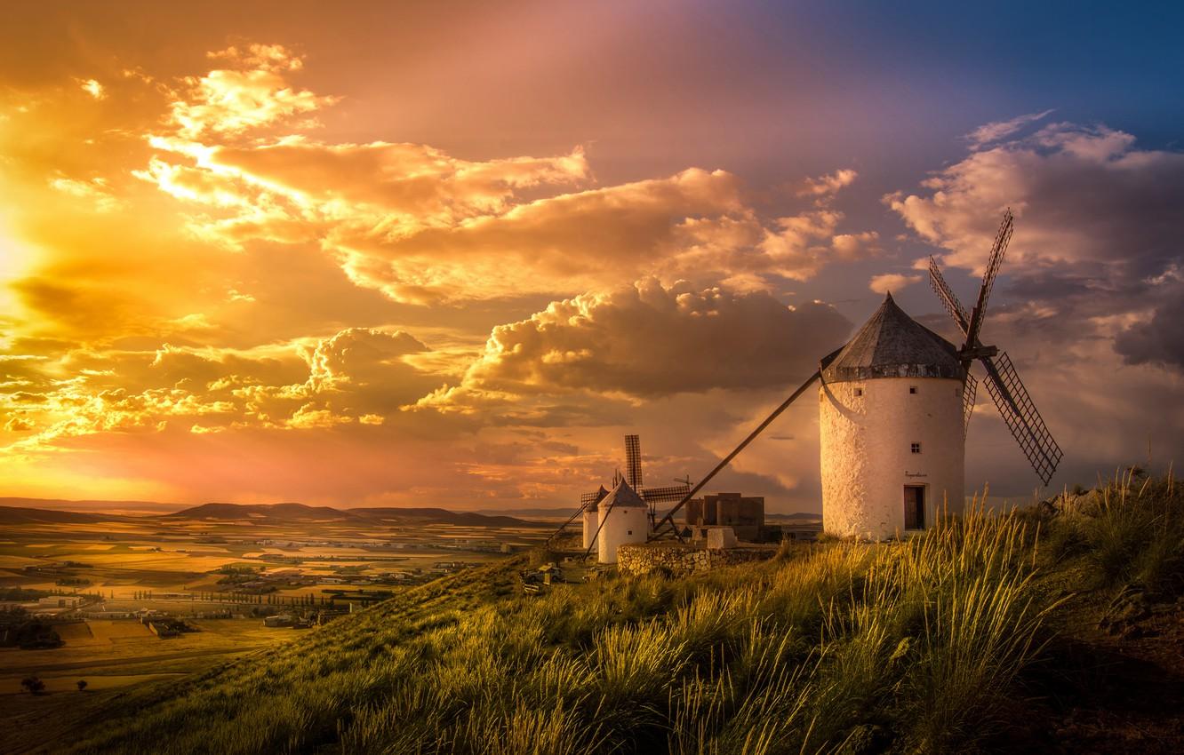 1332x850 Wallpaper the sky, valley, Spain, windmills image for desktop, section пейзажи