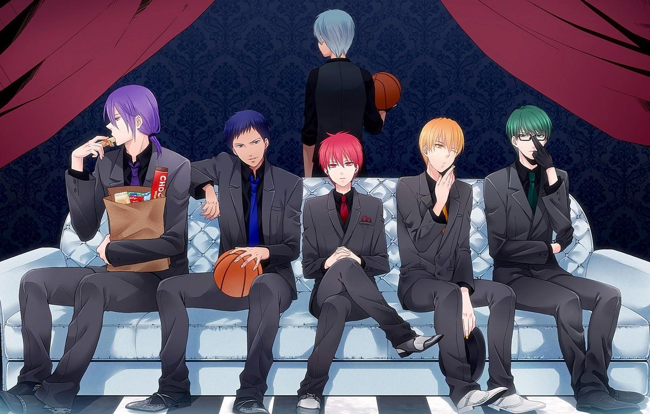 1332x850 Wallpaper sofa, the ball, anime, costume, tie, guys, vest, Kise Ryouta, Kuroko Tetsuya, kuroko's basketball, Kuroko from Basket, Aomine Daiki, Midorima Shintarou, Murasakibara Atsushi, Akashi Seijuurou image for desktop, section сёнэн