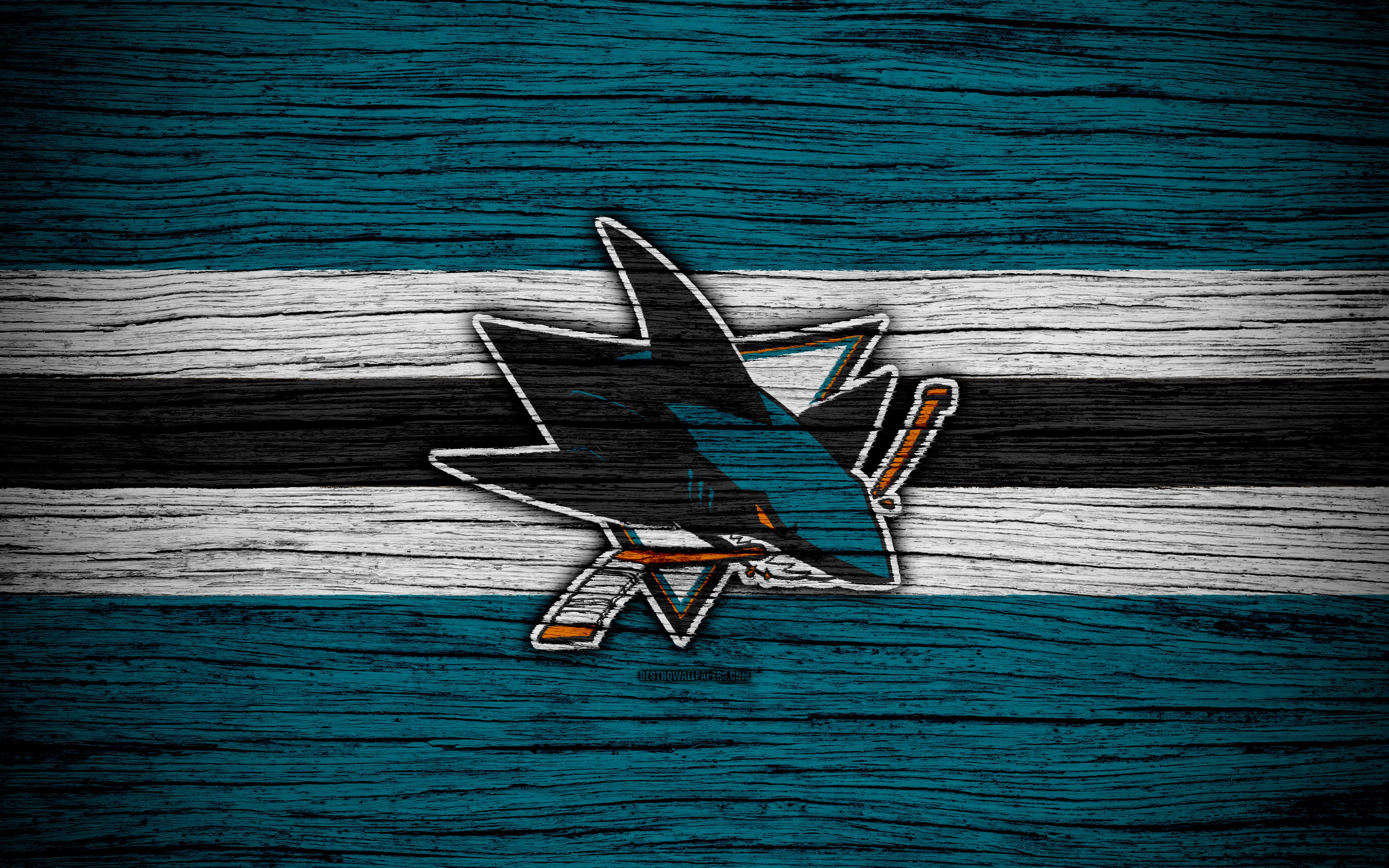 3840x2400 Download wallpaper San Jose Sharks, 4k, NHL, hockey club, Western Conference, USA, logo, wooden texture, hockey, Pacific Division for desktop with resolution 3840x2400. High Quality HD picture wallpaper