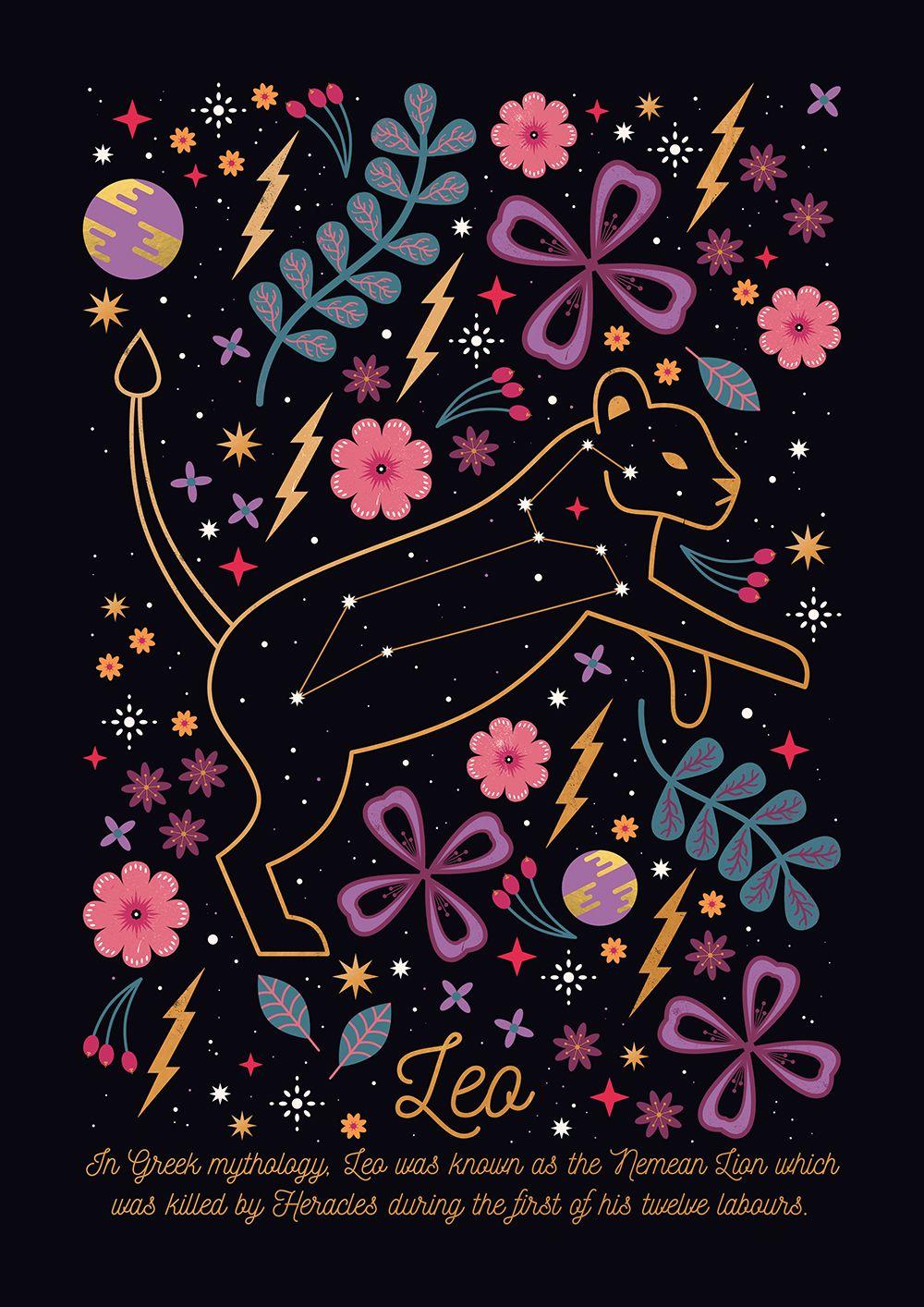 1000x1414 Carly Watts Illustration: Leo #stars #constellation #space #flowers #folk #gold #leo. Star illustration, Constellation illustration, Stars illustration