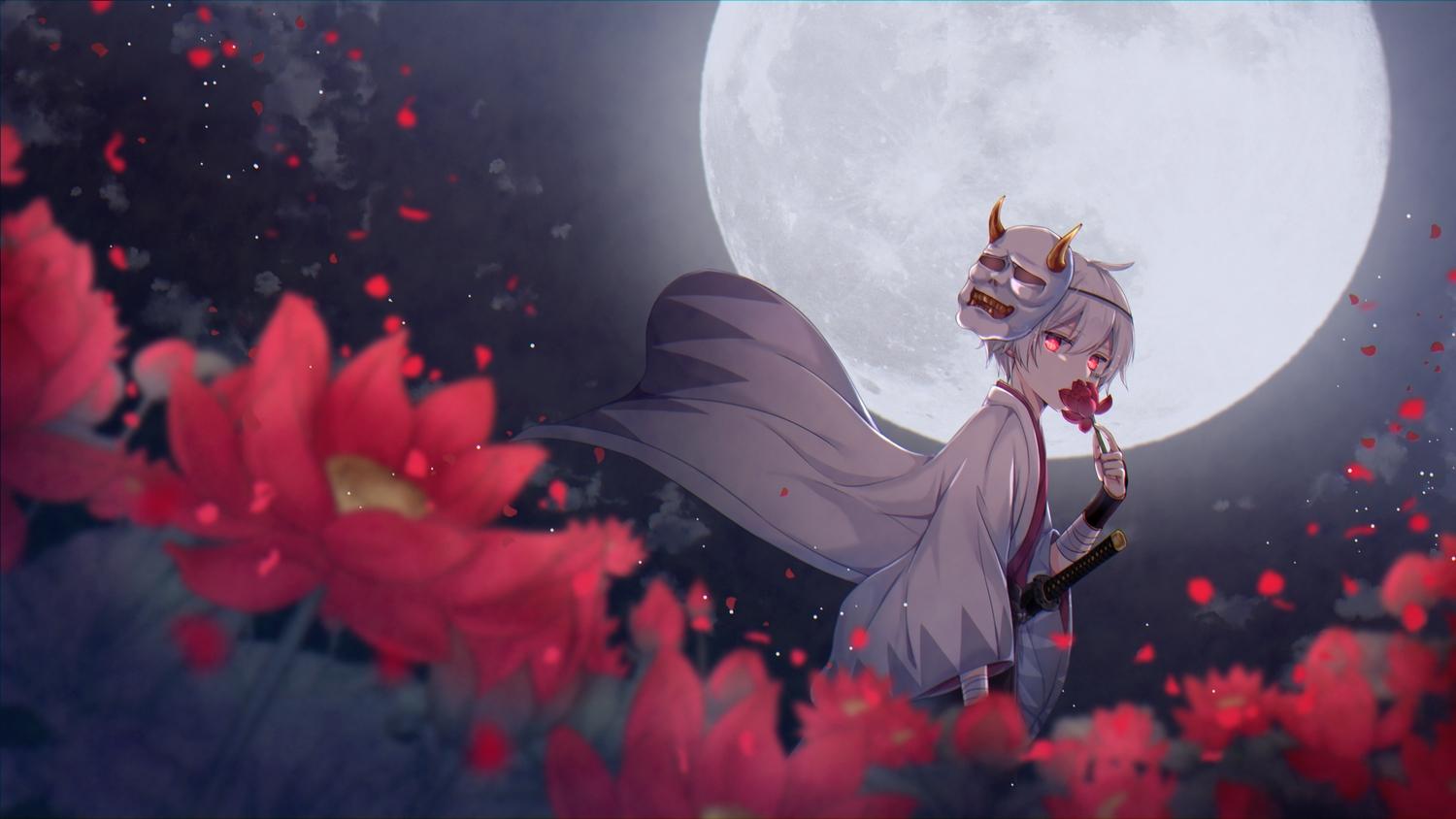 1500x844 all male flowers gomano rio japanese clothes katana mafumafu male mask moon nico nico singer red eyes short hair sky sword weapon white hair. konachan.com.com Anime Wallpaper