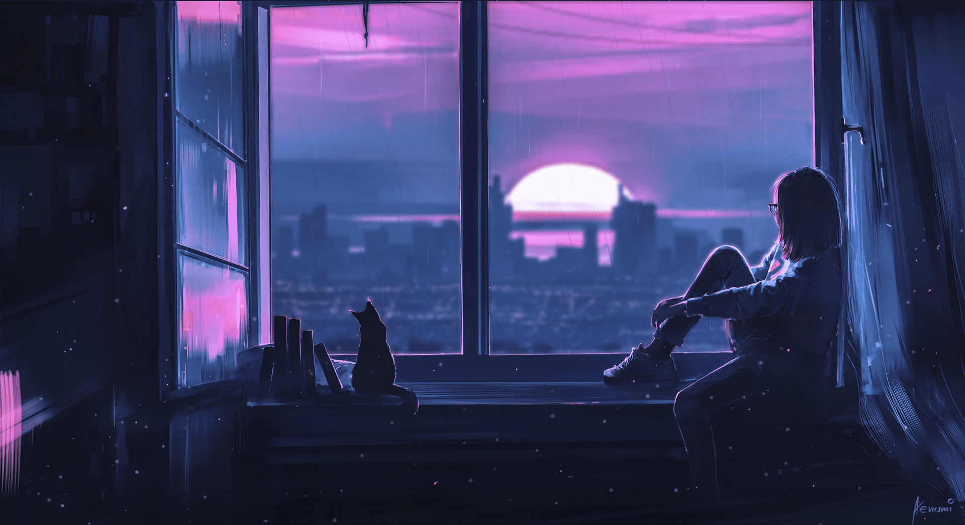 1920x1045 Cat and girl in a rainy purple sunset 4K live wallpaper [DOWNLOAD FREE]