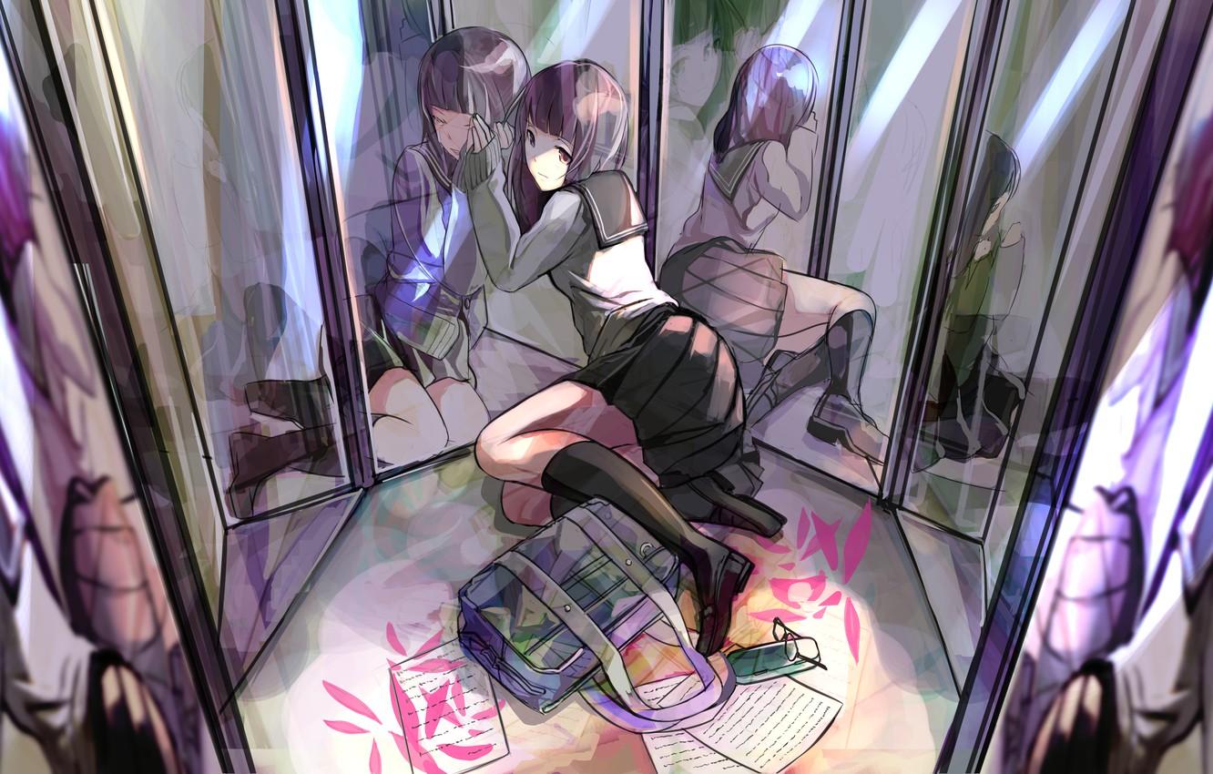 1332x850 Wallpaper girl, anime, art, glasses, form, schoolgirl, bag, mirror, fujita, condor image for desktop, section прочее