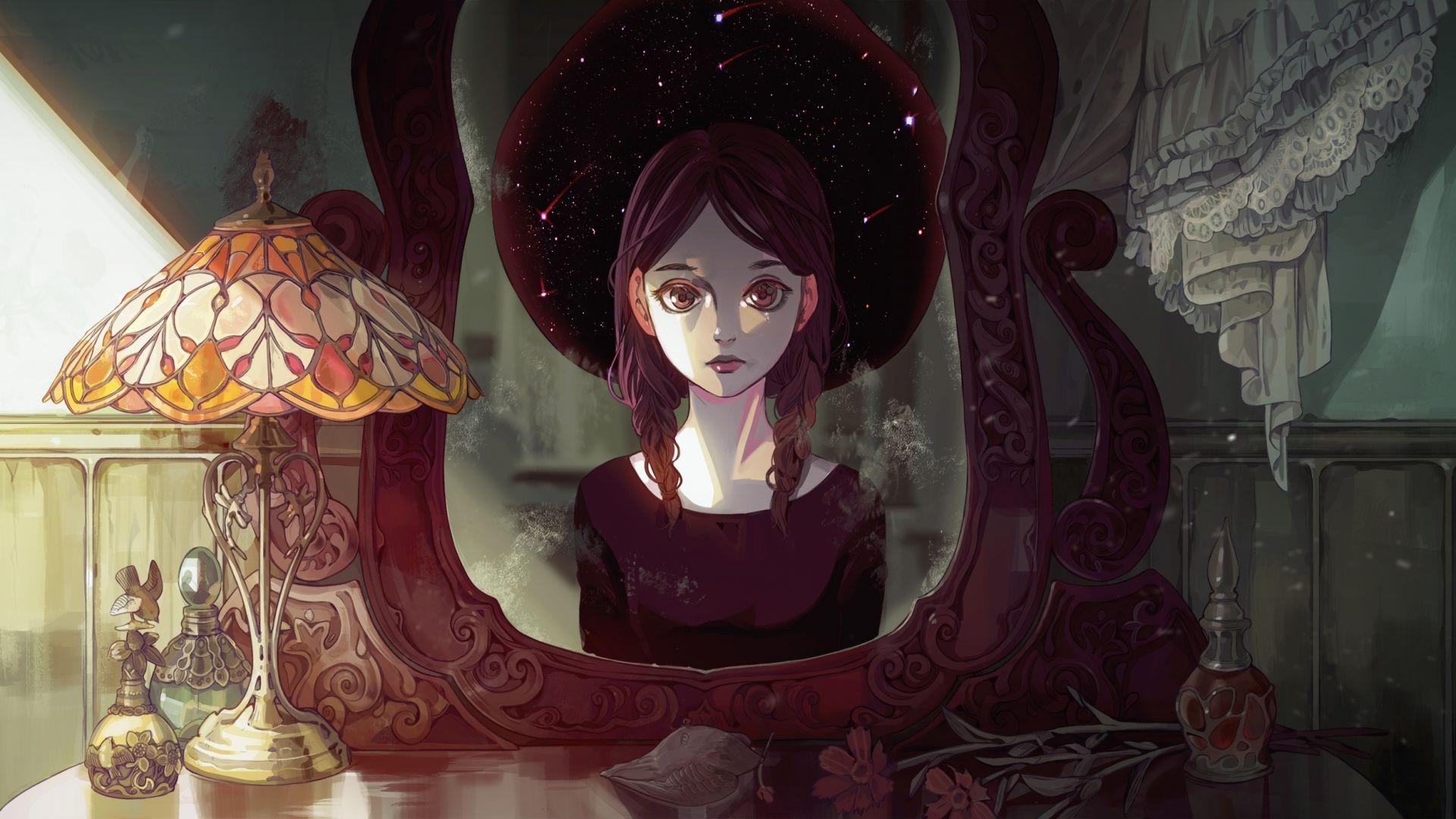 1920x1080 Desktop wallpaper original, anime girl, in front of mirror, HD image, picture, background, 884ee5