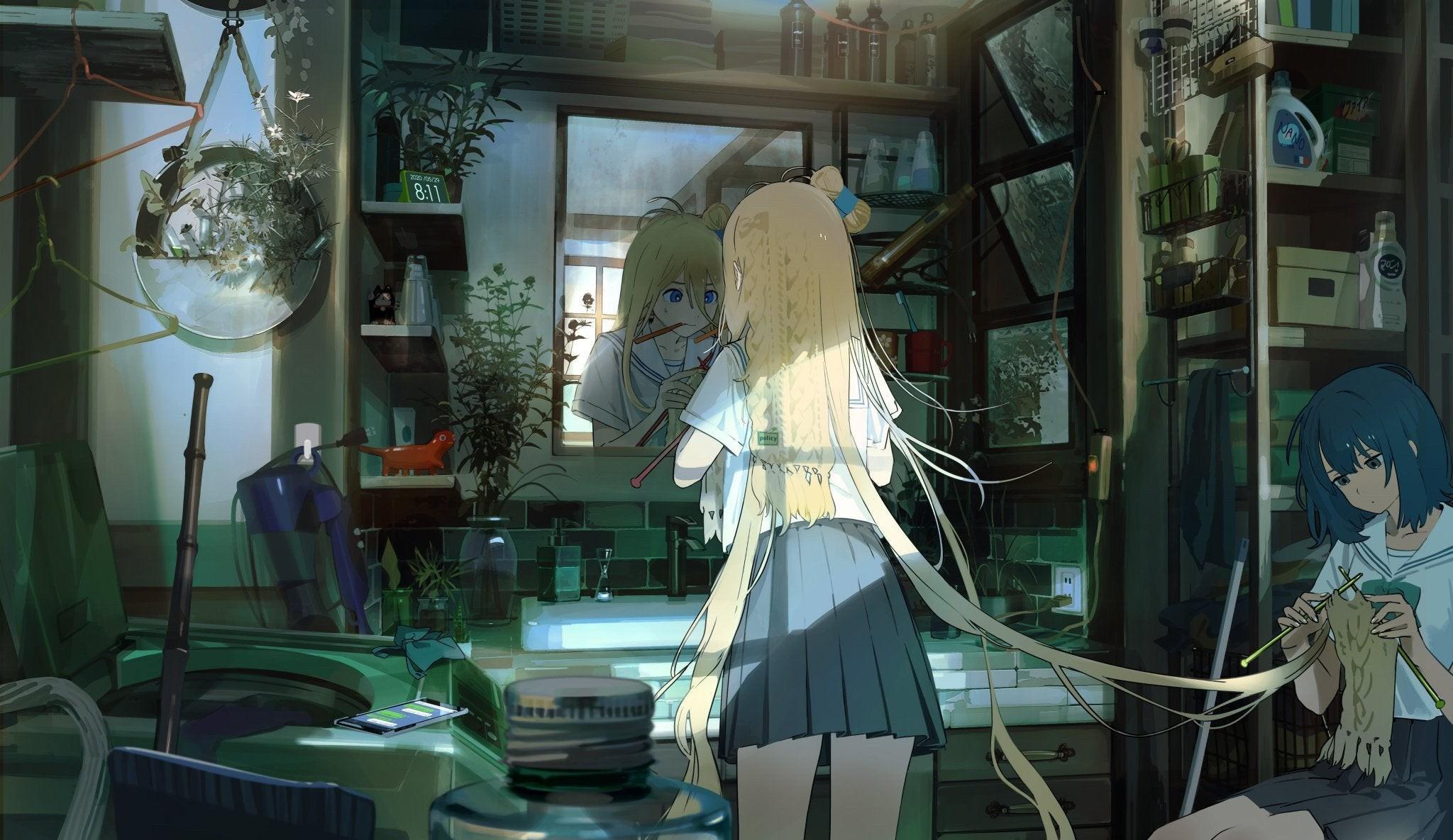 2048x1185 anime girls, mirror, long hair, blue eyes, Kukka, school uniform, anime, blonde, in bathroom. Mocah HD Wallpaper