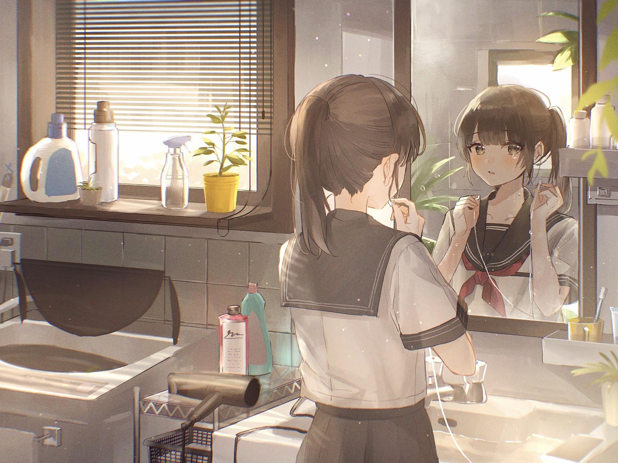 2048x1536 Download 2048x1536 Anime School Girl, Crying, Teary Eyes, Mirror, School Uniform, Brown Hair Wallpaper for Ainol Novo 9 Spark