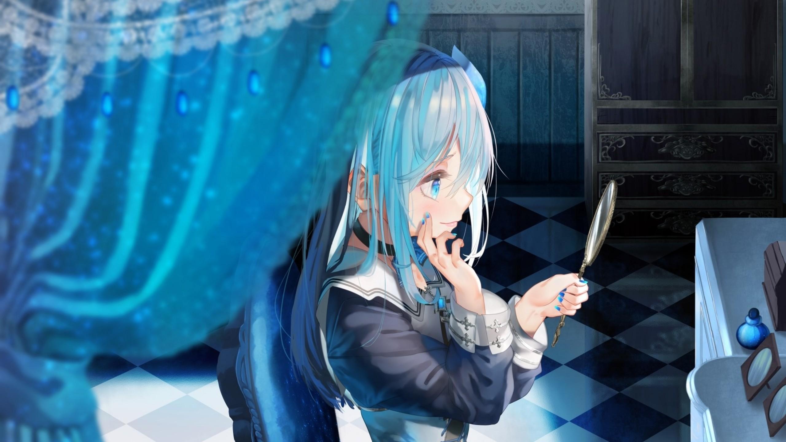 2560x1440 Download 2560x1440 Anime Girl, Aqua Hair, Choker, Room, Mirror, Smiling, Wallpaper for iMac 27 inch